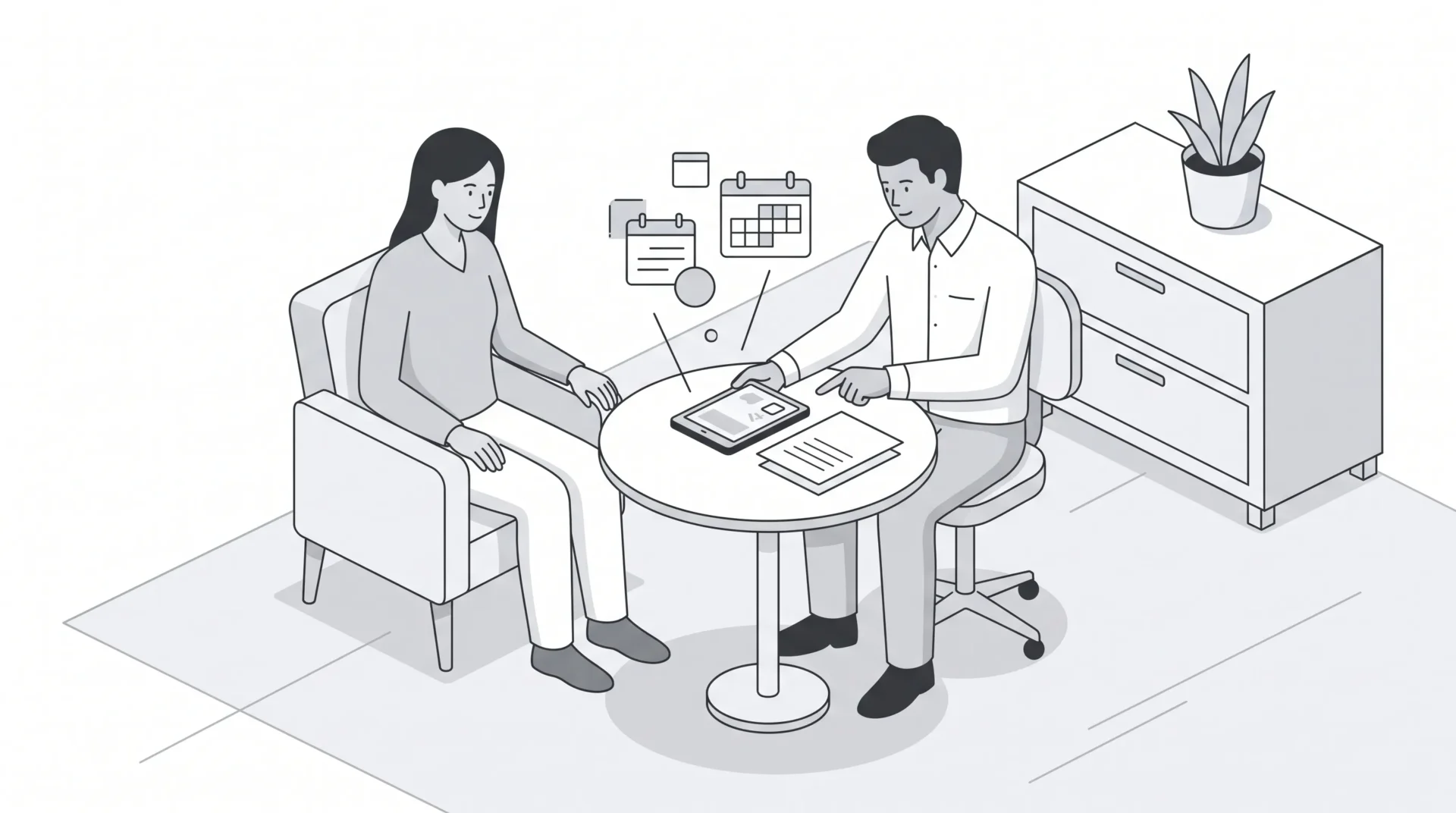 A calm adult patient seated with a dentist reviewing appointment details in a simple clinic consultation setting.