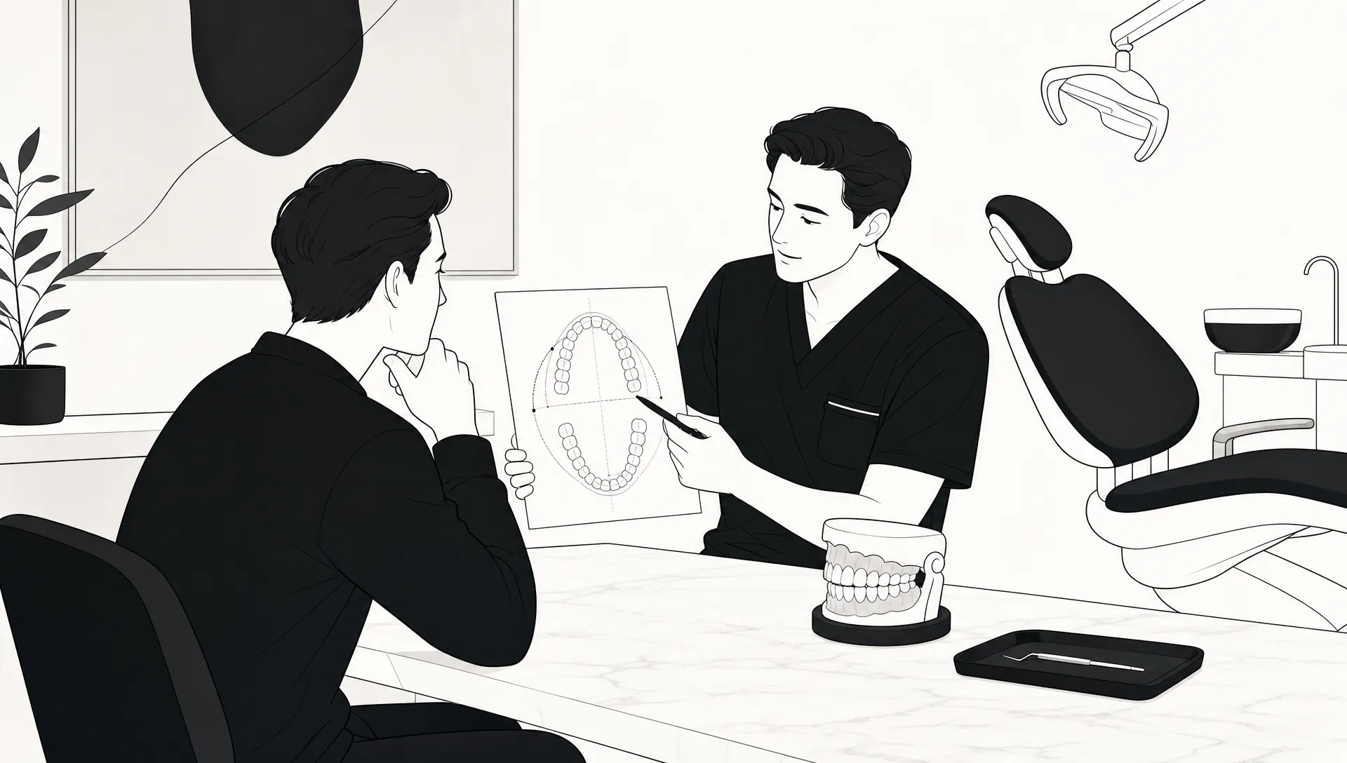 A calm consultation scene in a Melbourne CBD dental clinic, showing an adult patient and dentist reviewing a simple treatment plan beside a dental chair, with a dental arch model, subtle planning lines and generous white space.
