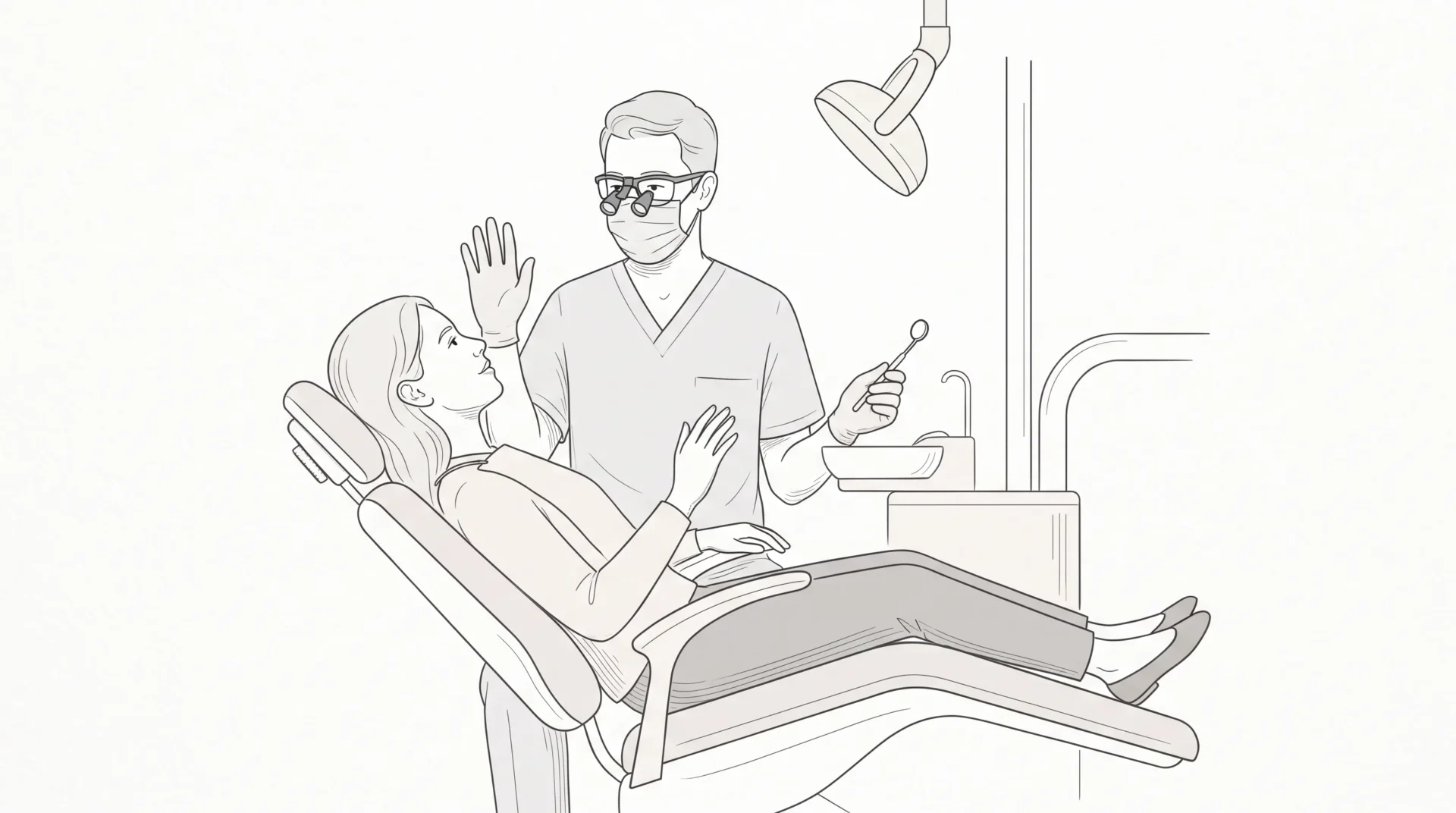 A calm dental appointment where a dentist pauses after the patient raises one hand, with both faces visible and the mirror held away from the mouth.