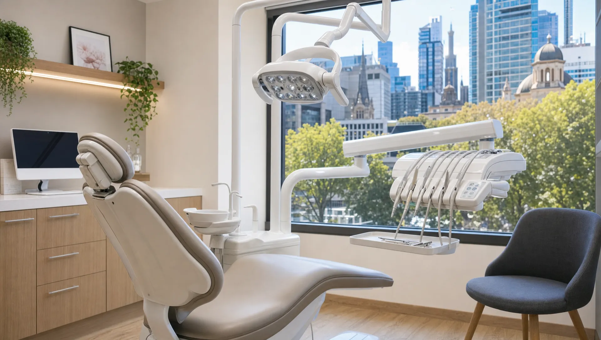 A calm modern dental treatment room with a reclining chair, overhead dental light, clean instruments and a welcoming atmosphere suitable for a Melbourne CBD dental clinic.