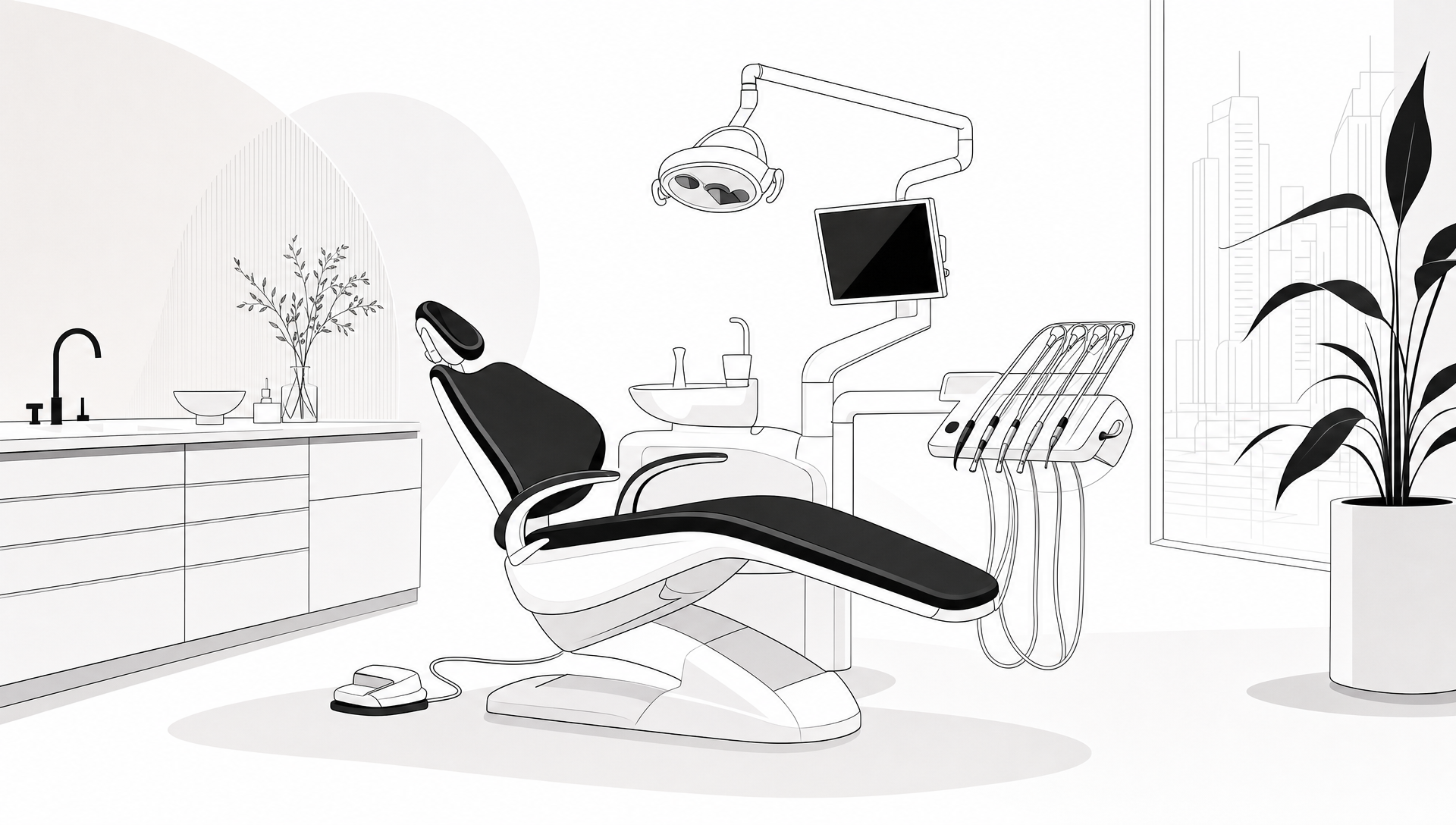 A calm modern dental treatment room with a reclining chair, overhead dental light, clean instruments and a welcoming atmosphere suitable for a Melbourne CBD dental clinic.