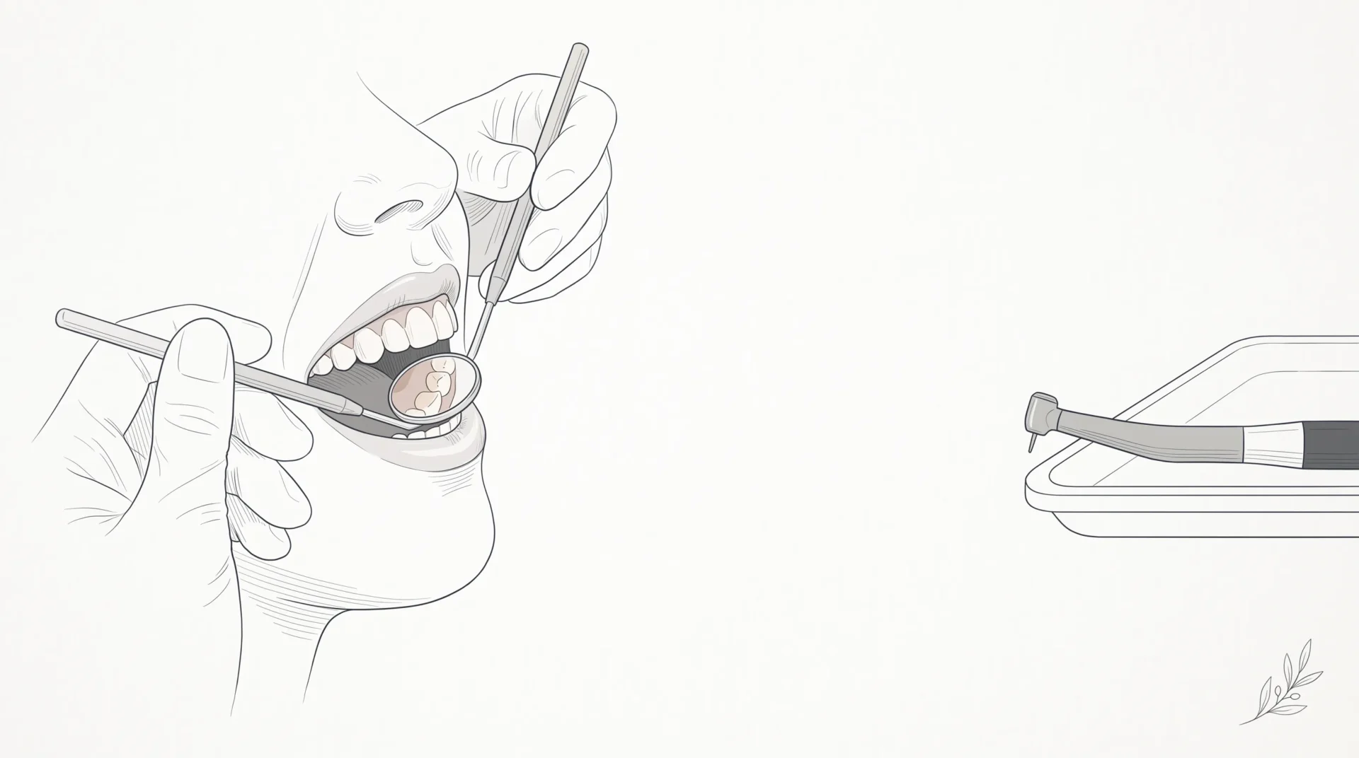 A close-up mouth profile shows a dentist checking teeth and gums during a routine dental visit.