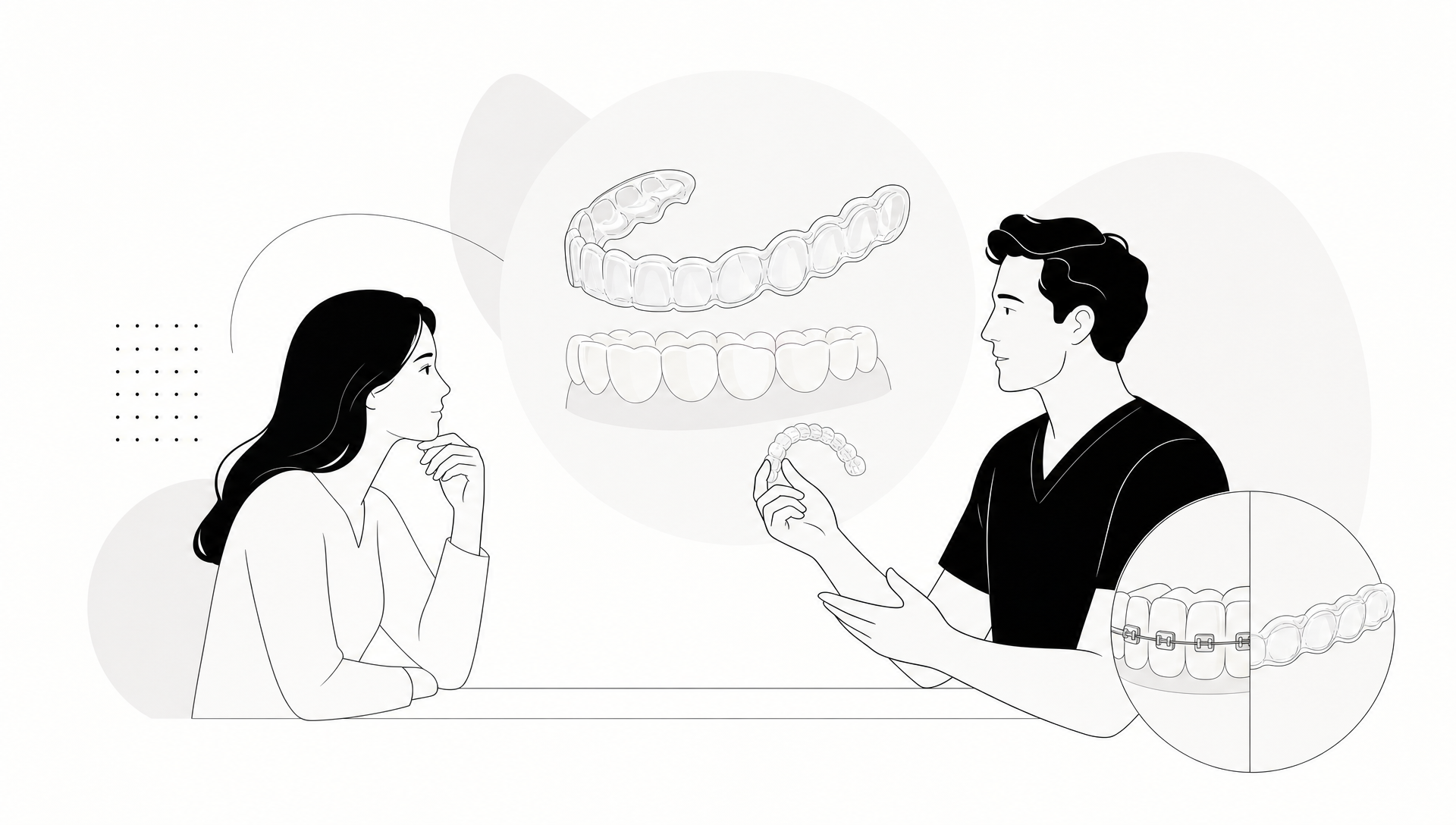 A close-up of clear aligners beside a dental model with braces, showing the difference between removable transparent aligners and fixed brackets and wires.