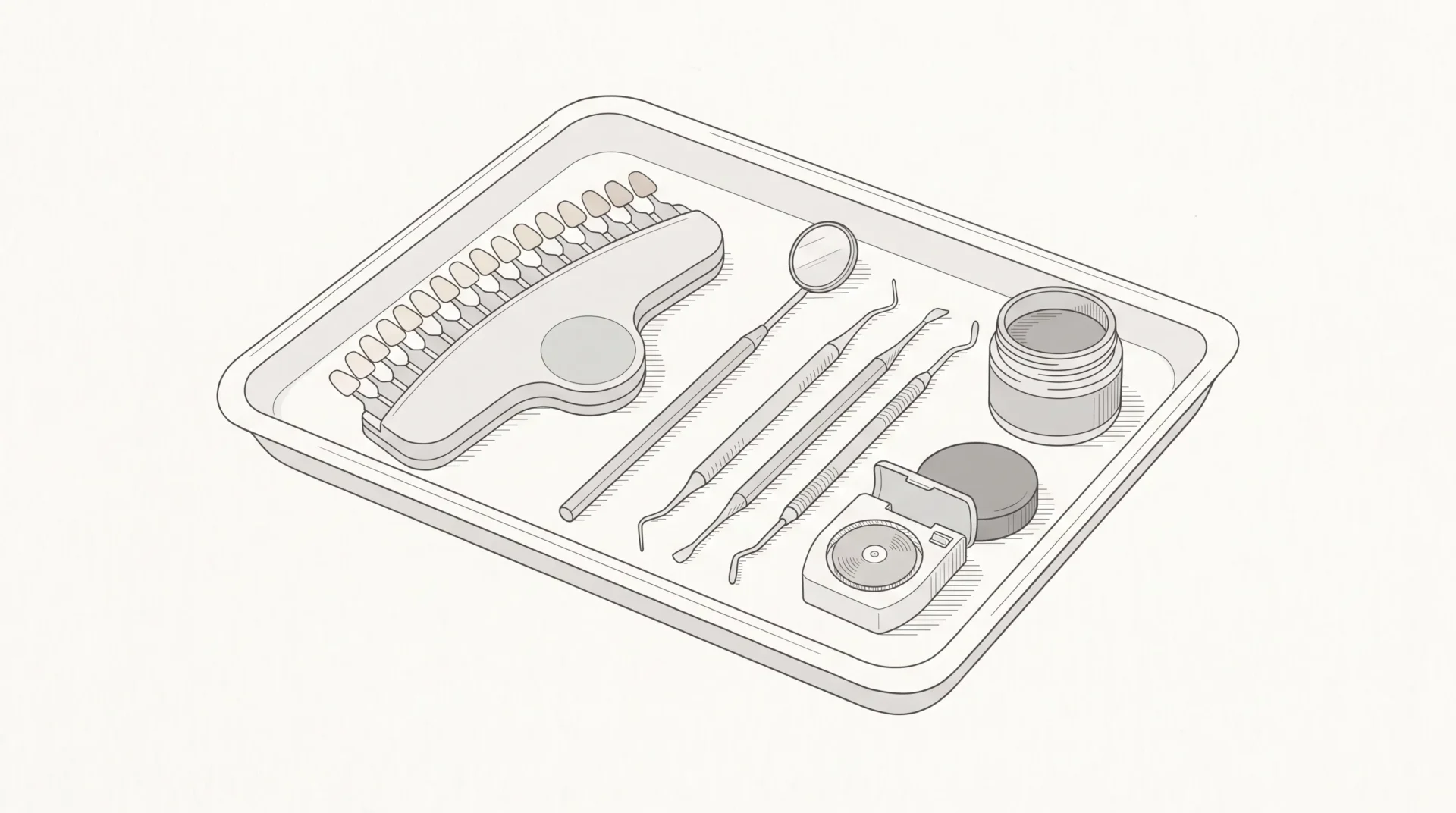 A dental bonding setup with a tooth shade guide, composite resin tools and a handheld mirror on a clean clinic tray.