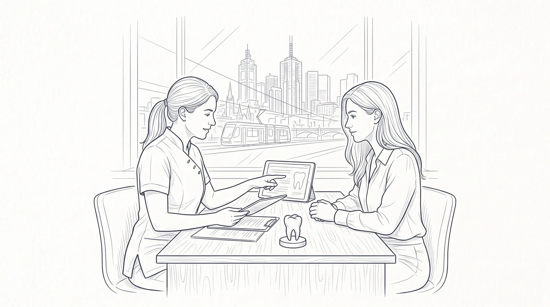A dental professional and adult patient discuss a treatment plan at a consultation desk with a small tooth model nearby in a Melbourne CBD clinic.