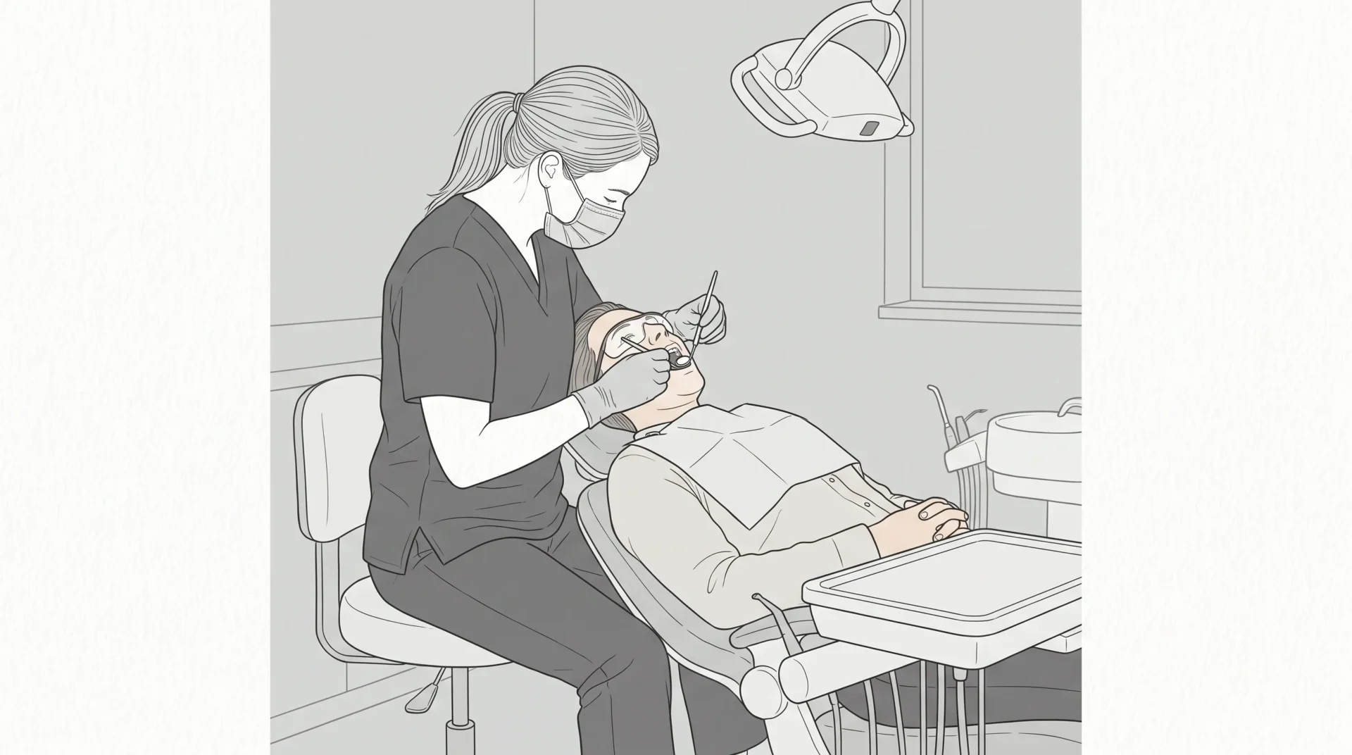 A dental professional cleans an adult patient’s teeth with a scaler and mirror during a routine clinic appointment.