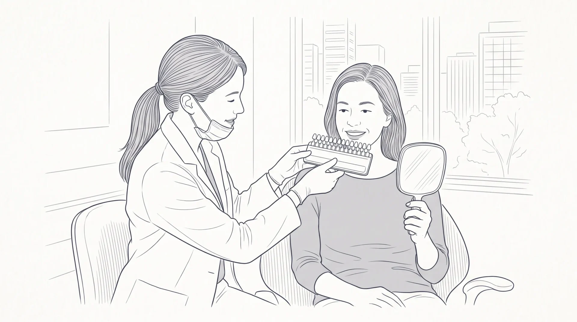 A dental professional discusses tooth shade with an adult patient during a teeth whitening consultation in Melbourne CBD.