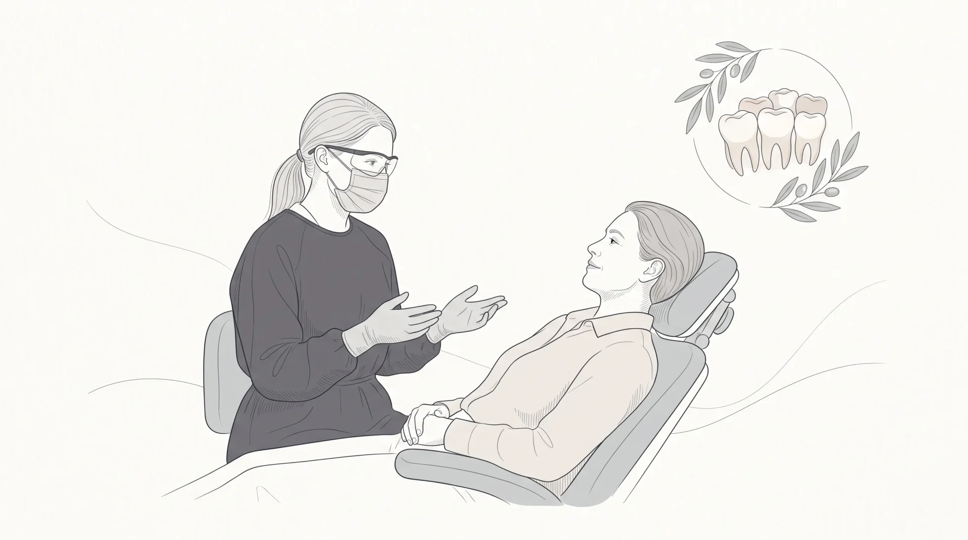 A dental professional in PPE speaks calmly with an adult patient in a dental chair, with a small inset of healthy teeth and subtle olive leaves.