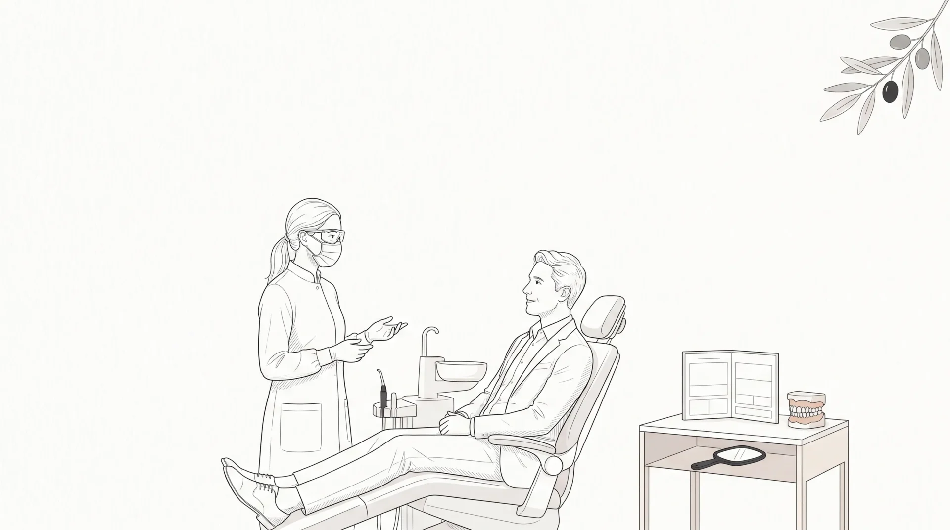 A dental professional speaks calmly with an adult patient beside a chair in a Melbourne CBD clinic, with a small tooth model on the table.