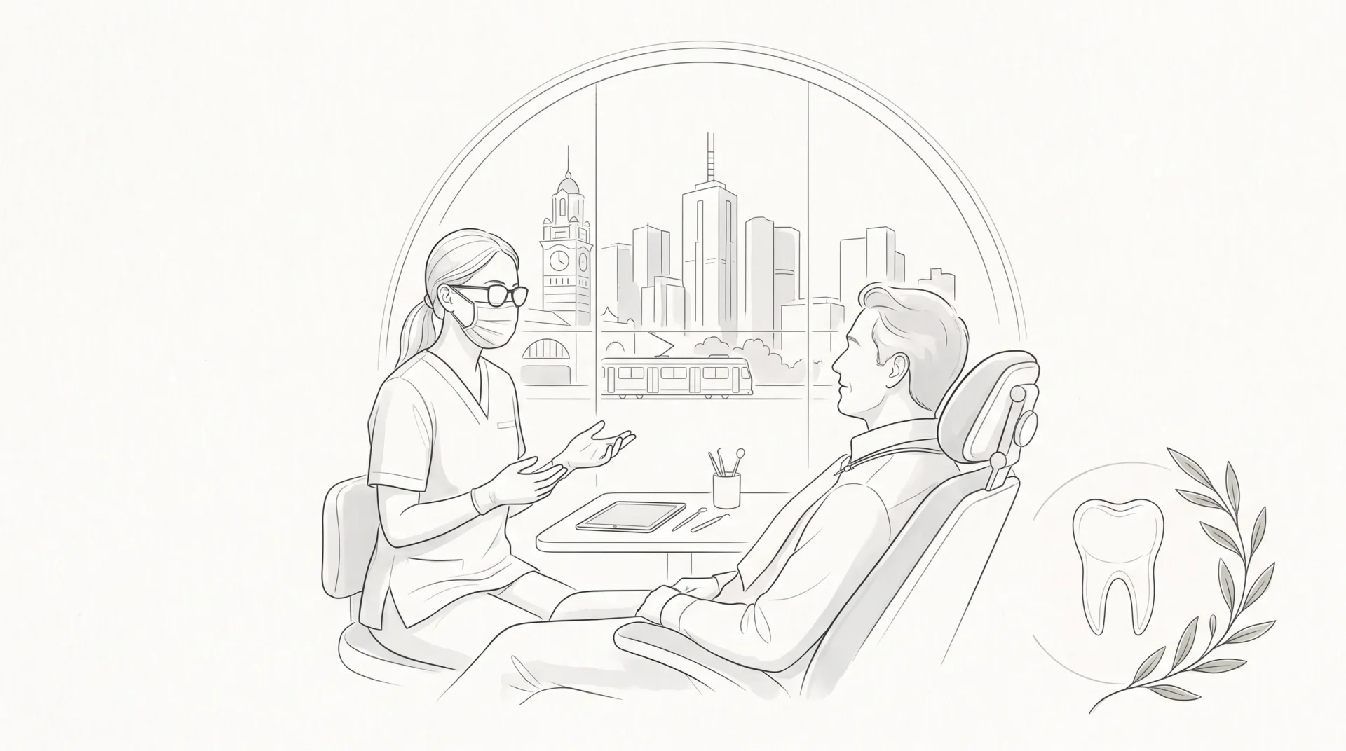 A dental professional speaks with a seated adult patient in a Melbourne CBD clinic beside a small tooth inset and olive branch accent.