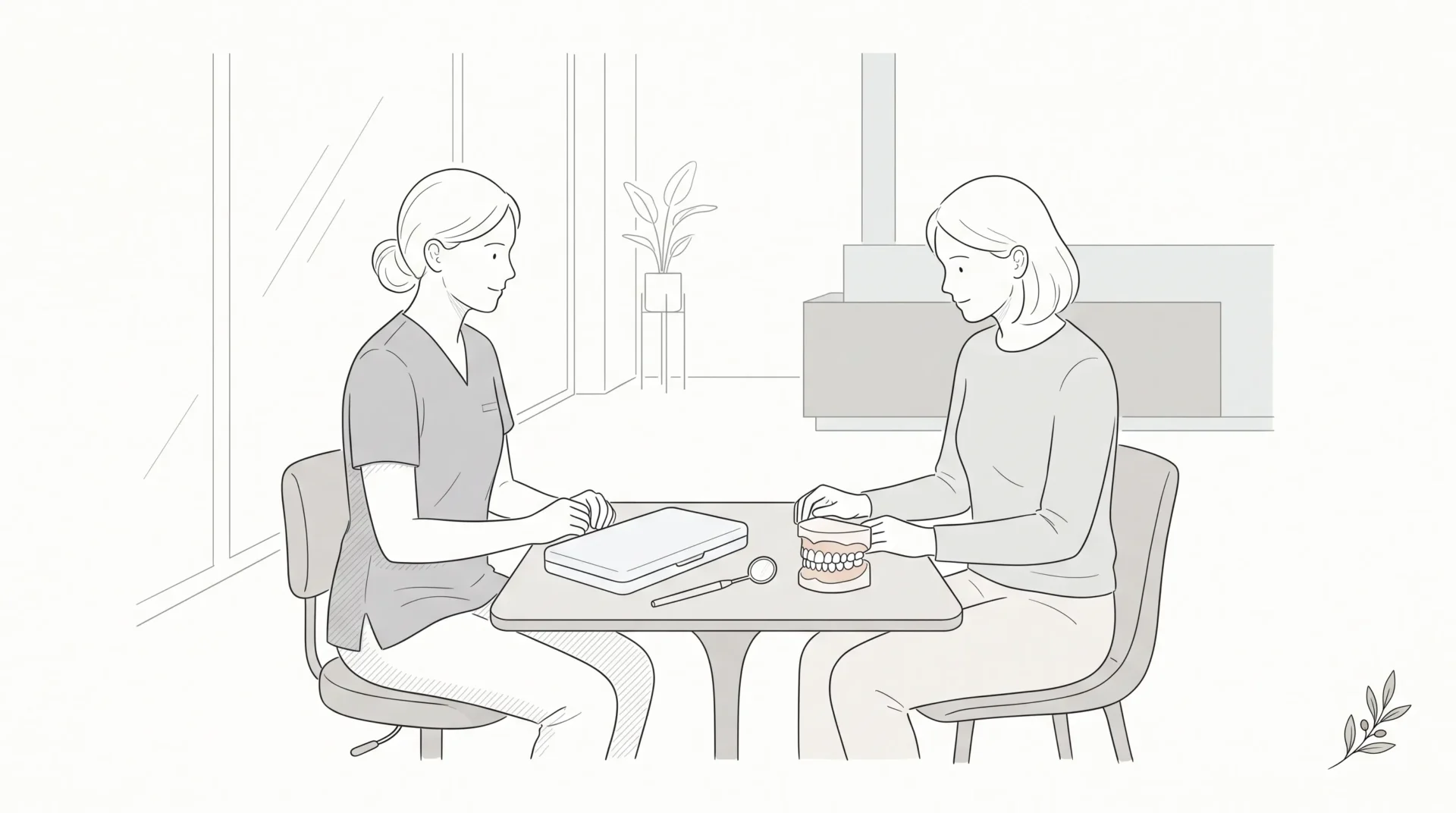 A dentist and adult patient discuss a dental check-up beside a small model and tray case.