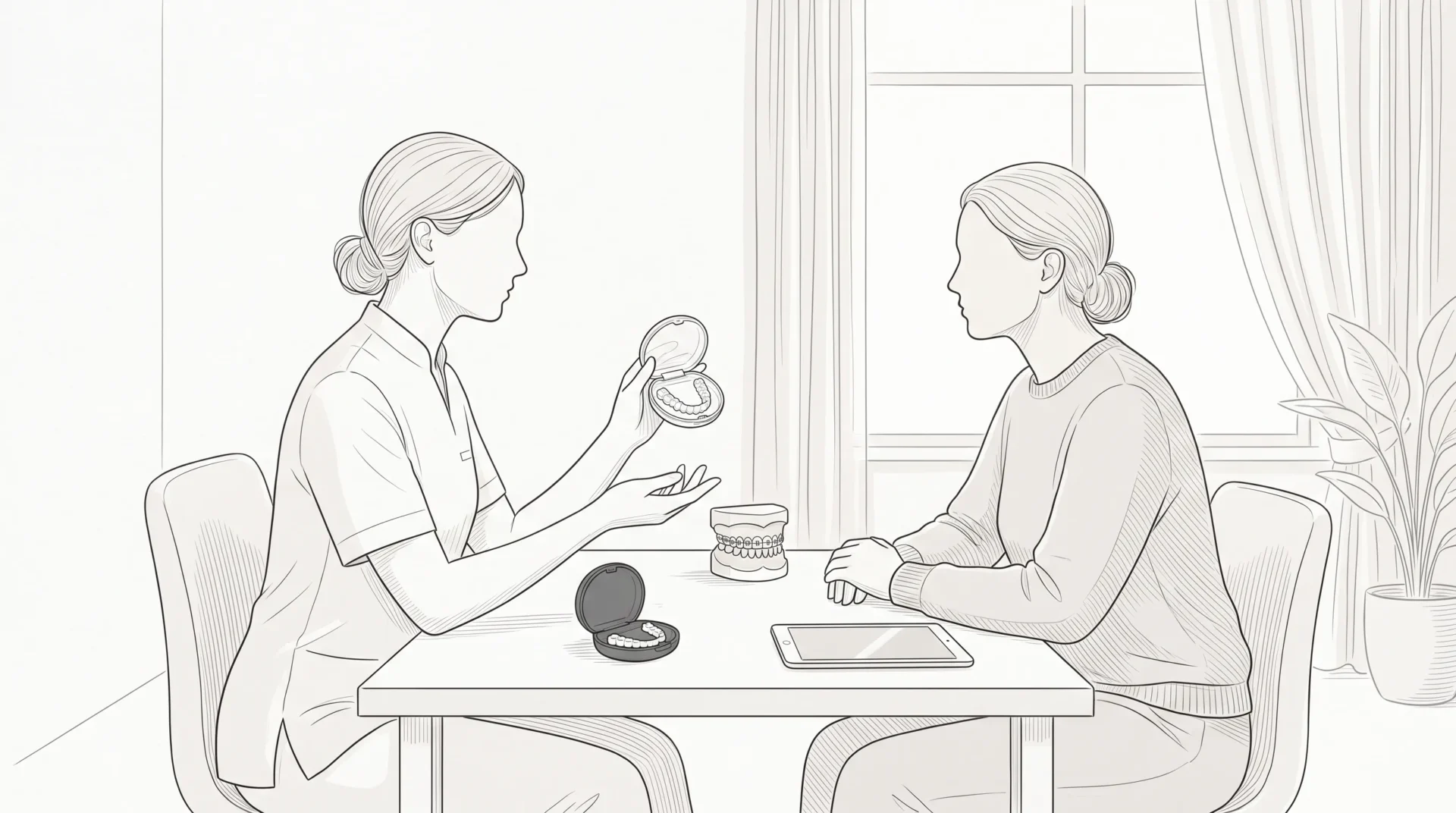 A dentist and adult patient discuss braces or Invisalign beside a clear aligner case and a dental model in a calm clinic room.