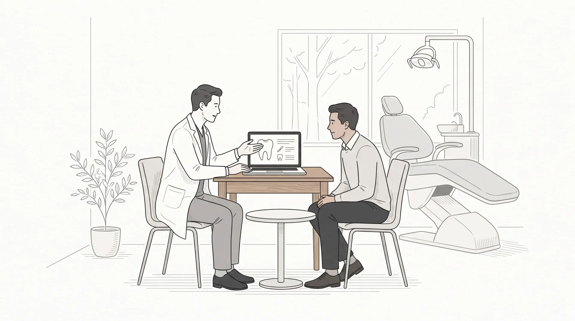 A dentist and adult patient discuss dental services in a calm consultation room beside a treatment chair.