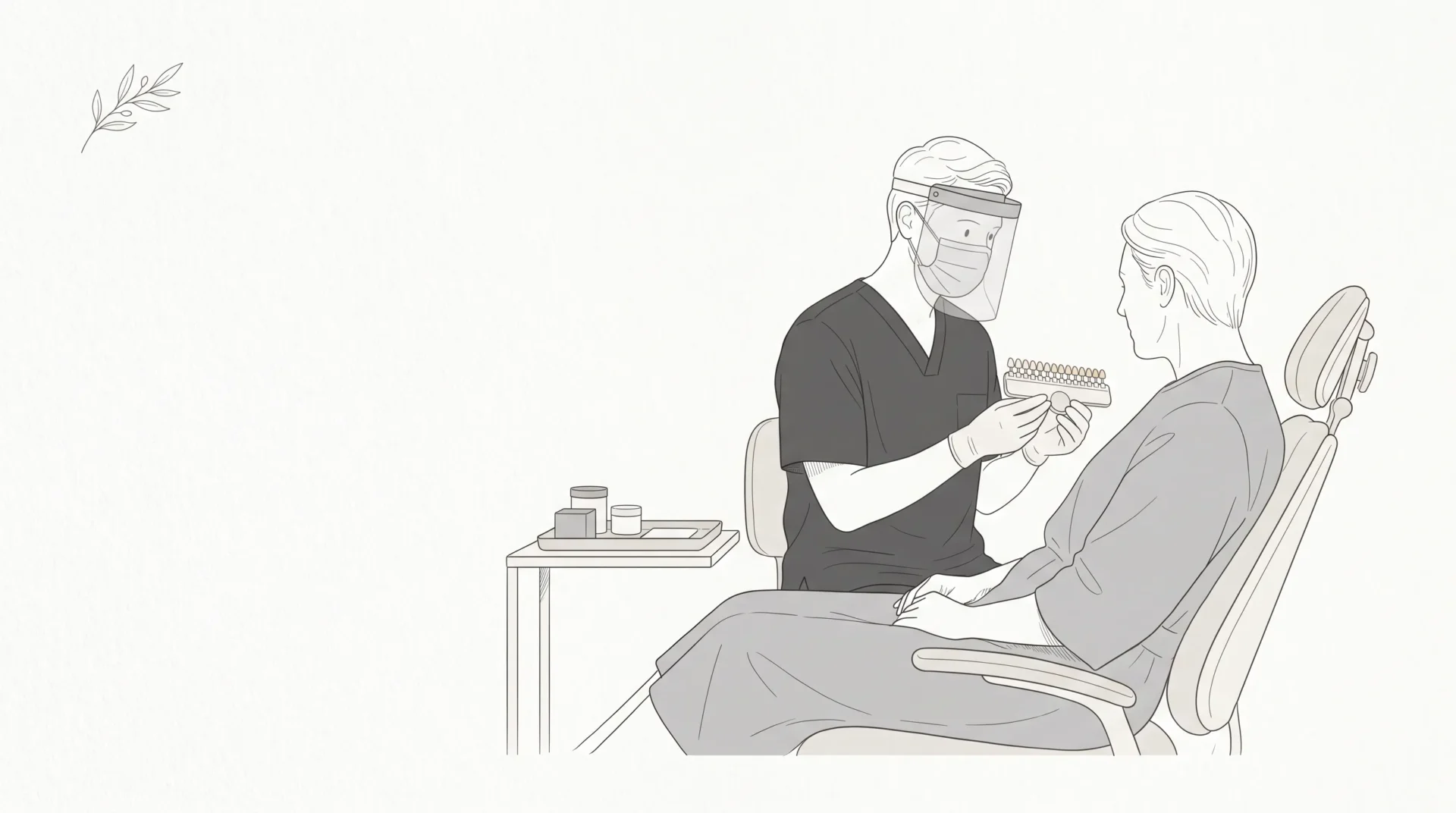 A dentist and adult patient discuss teeth whitening beside a chair, with a shade guide and small tray in a Melbourne clinic.