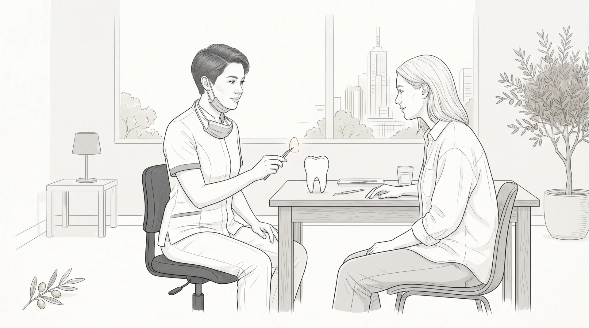 A dentist and patient discuss a porcelain veneer sample beside a tooth model in a Melbourne CBD consultation room.