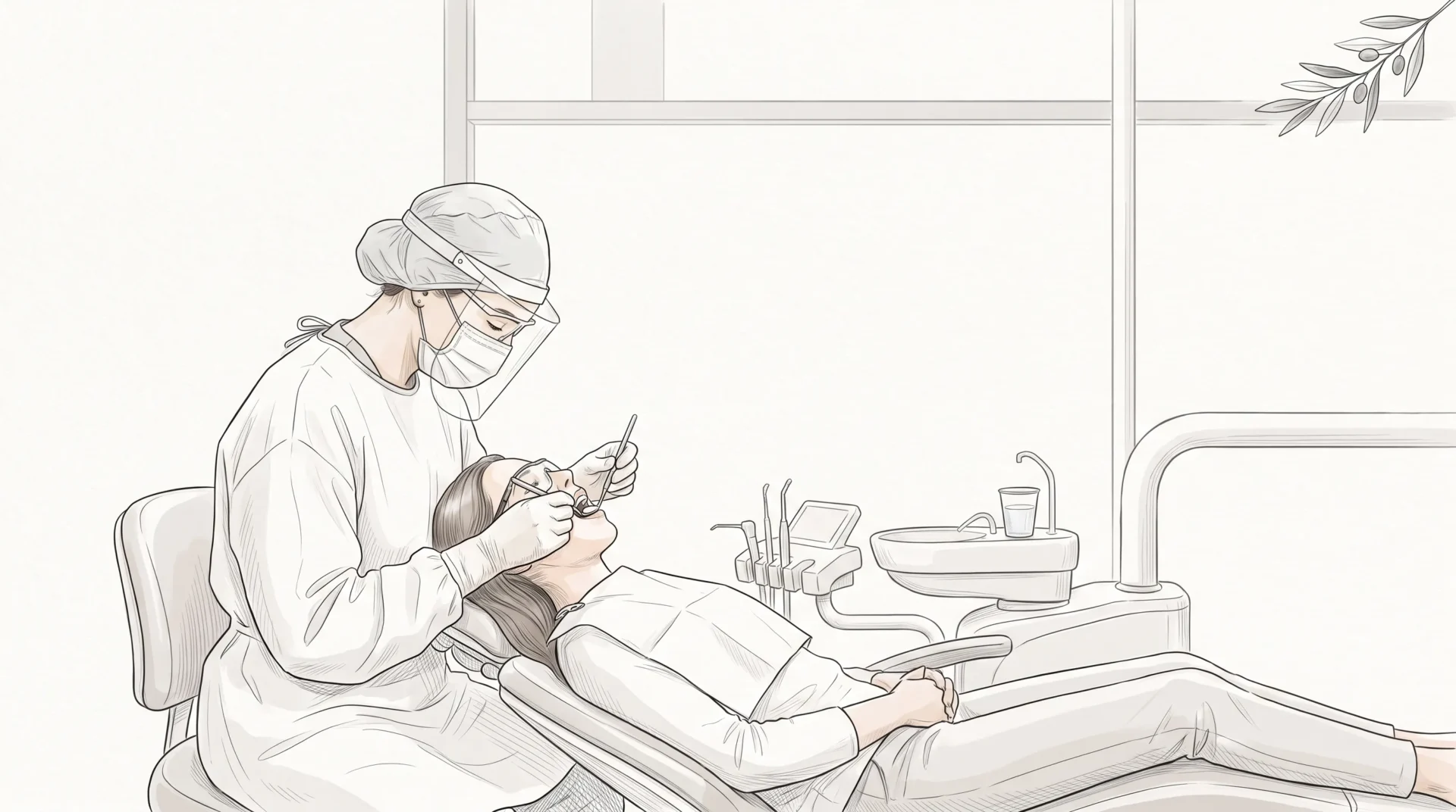 A dentist cleans an adult patient’s teeth in a Melbourne CBD clinic, with the chair, instrument tray and clinical equipment visible.