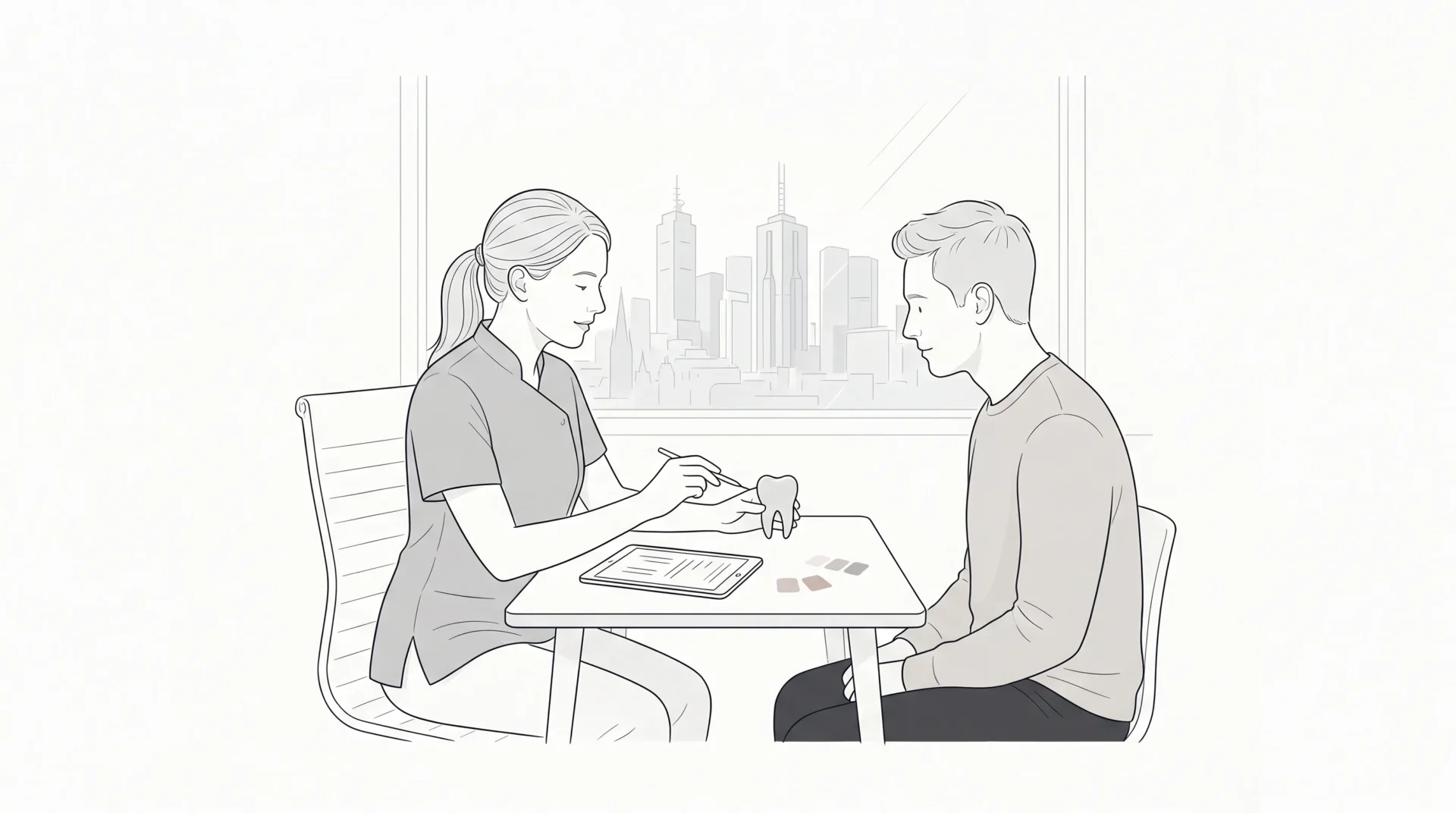 A dentist discusses filling options and costs with a patient beside a tooth model in a Melbourne CBD clinic.