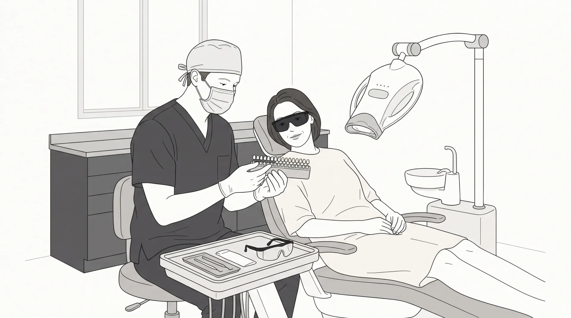A dentist discusses in-chair teeth whitening with an adult patient, with a shade guide and protective eyewear in a calm clinic setting.
