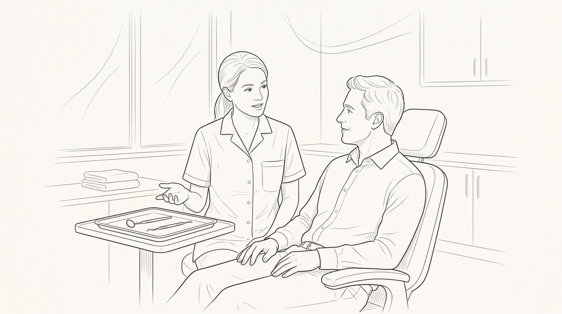 A dentist discusses treatment options with an adult patient beside the chair in a Melbourne CBD clinic.
