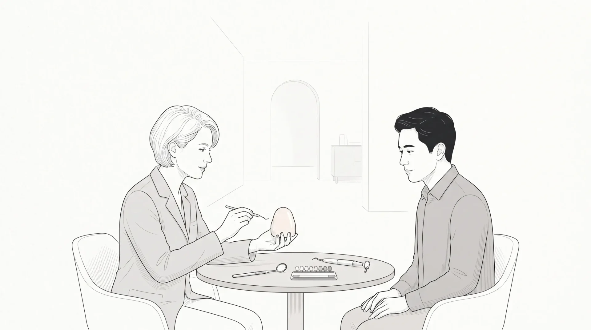 A dentist discussing dental bonding options with a patient beside a blank tooth model.