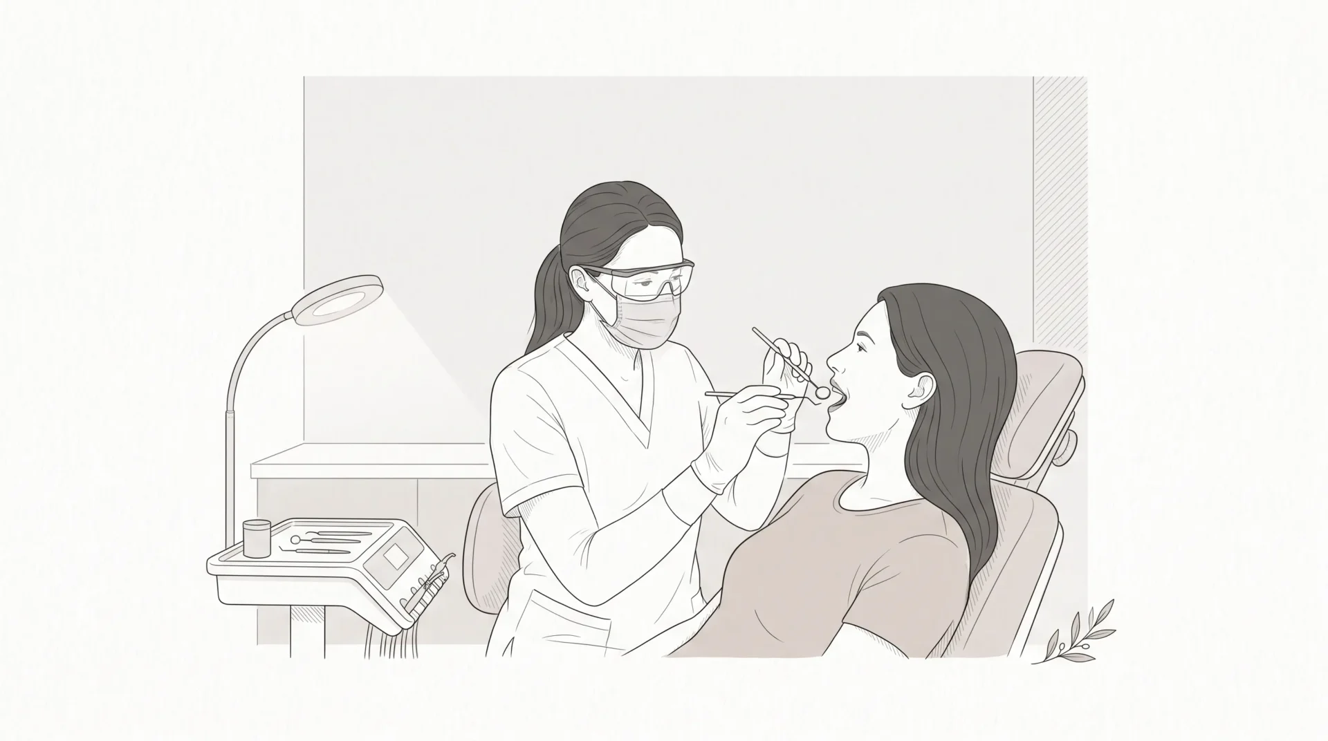 A dentist examines an adult patient with a mirror and explorer during a routine dental assessment.