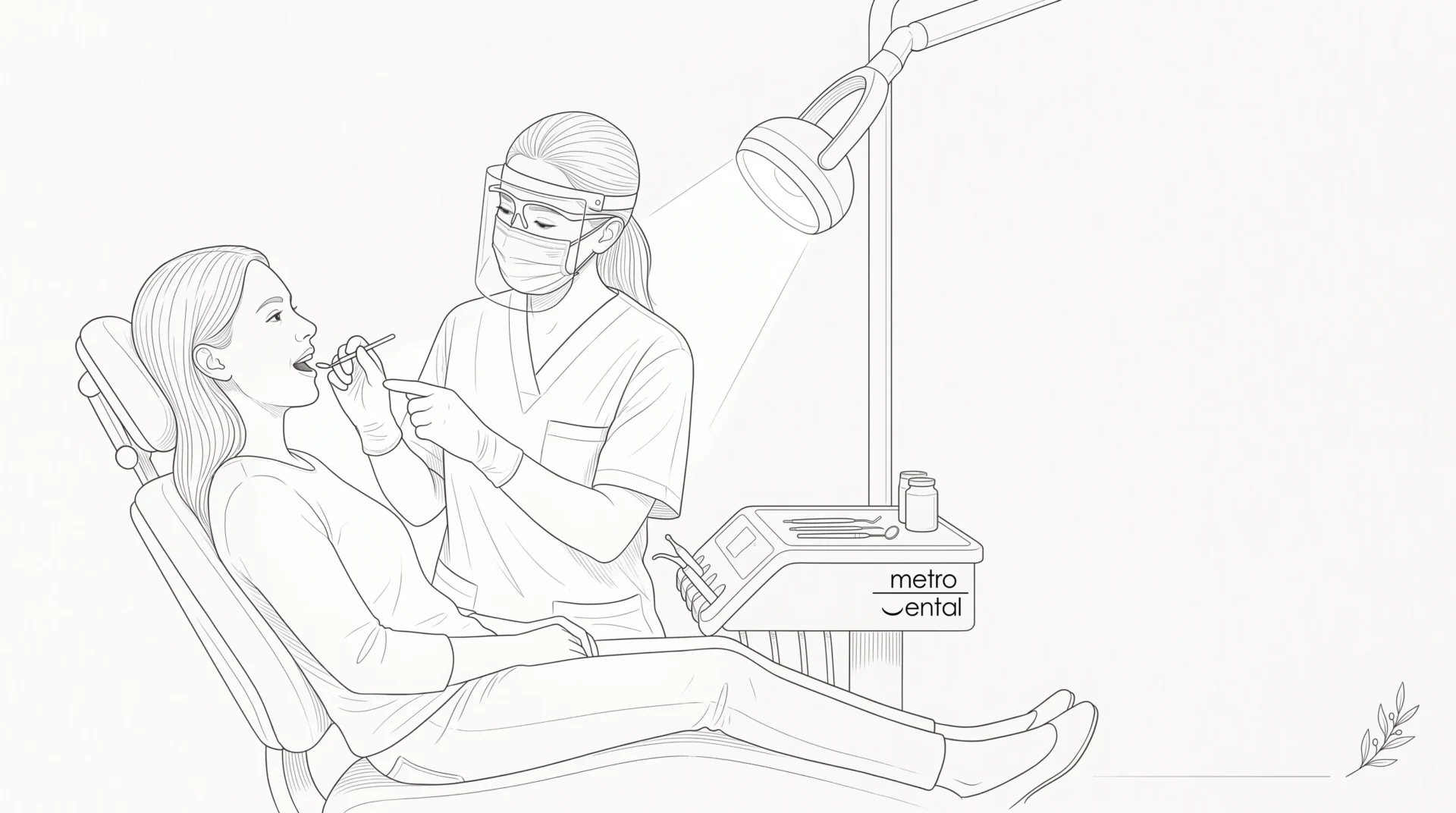 A dentist explains a routine check-up to an adult patient beside the dental chair.