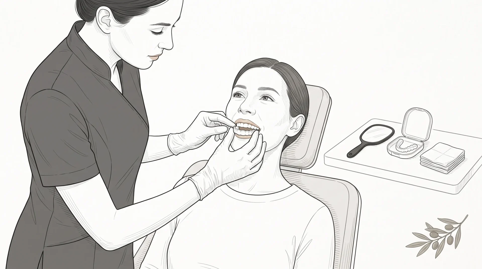 A dentist fits custom whitening trays for an adult patient in a Melbourne CBD clinic.