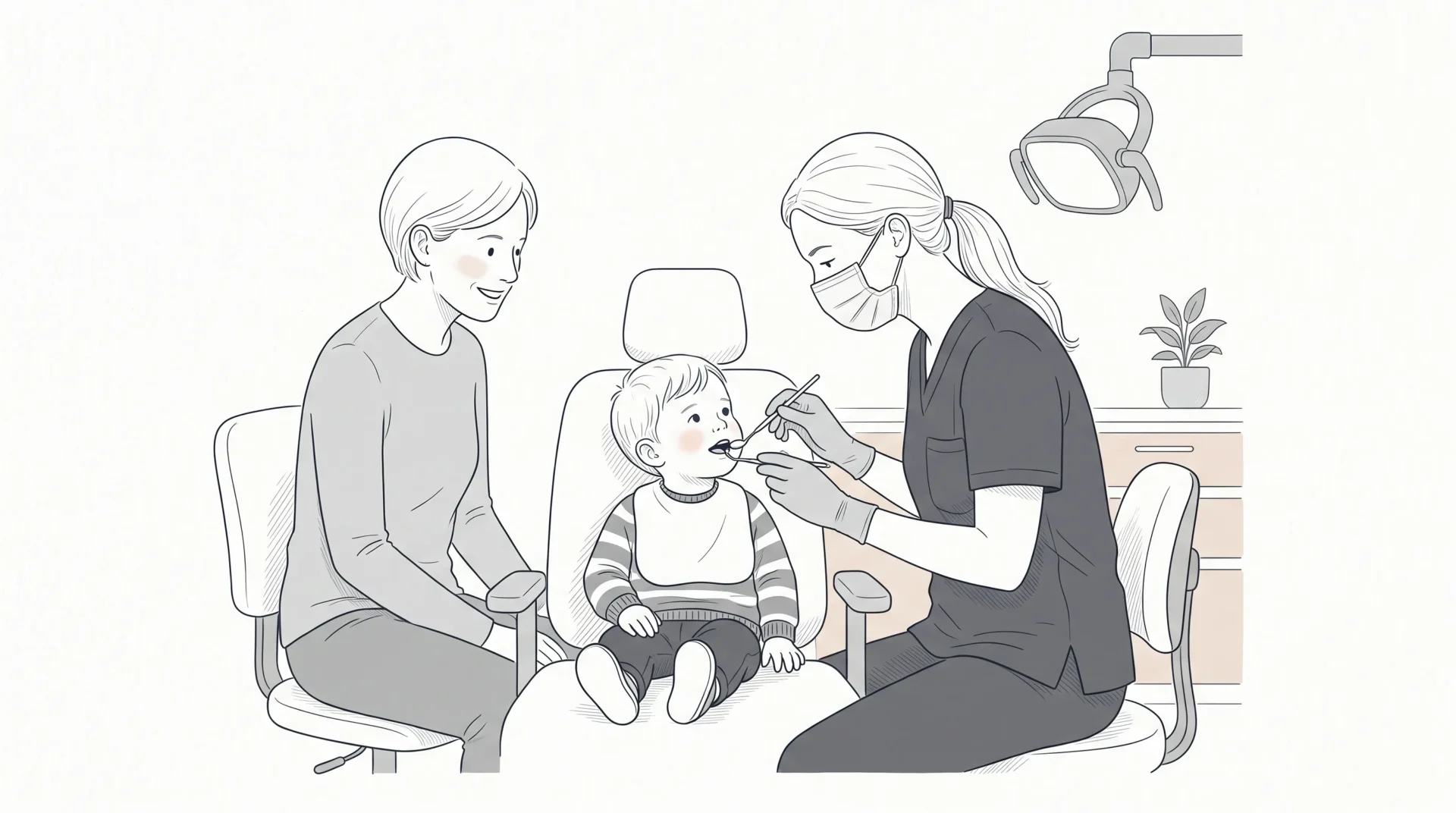 A dentist gently examines a child with a parent nearby during a first visit in a Melbourne clinic.