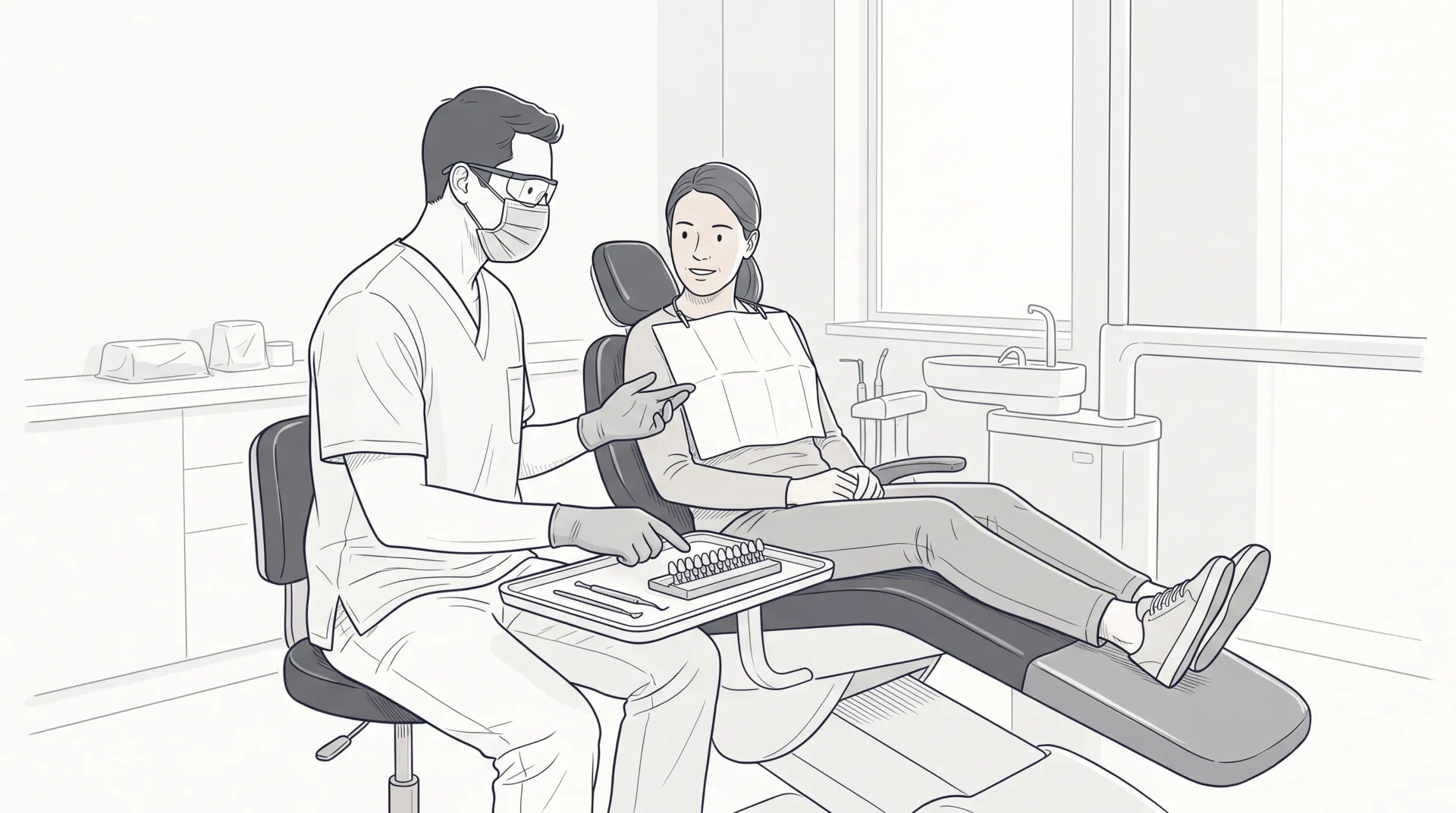 A dentist in gloves, mask and protective eyewear discusses teeth whitening with an adult patient beside a dental chair, with a tray and shade guide nearby.