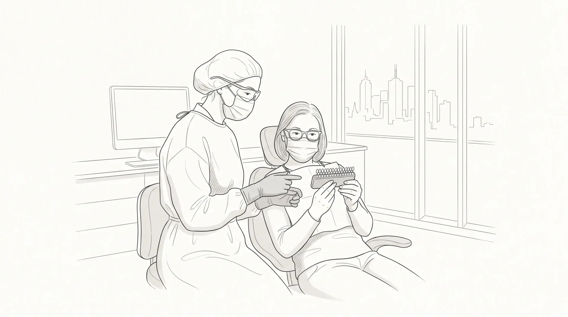 A dentist in PPE discusses teeth whitening options with an adult patient beside a shade guide and dental chair in a Melbourne clinic.