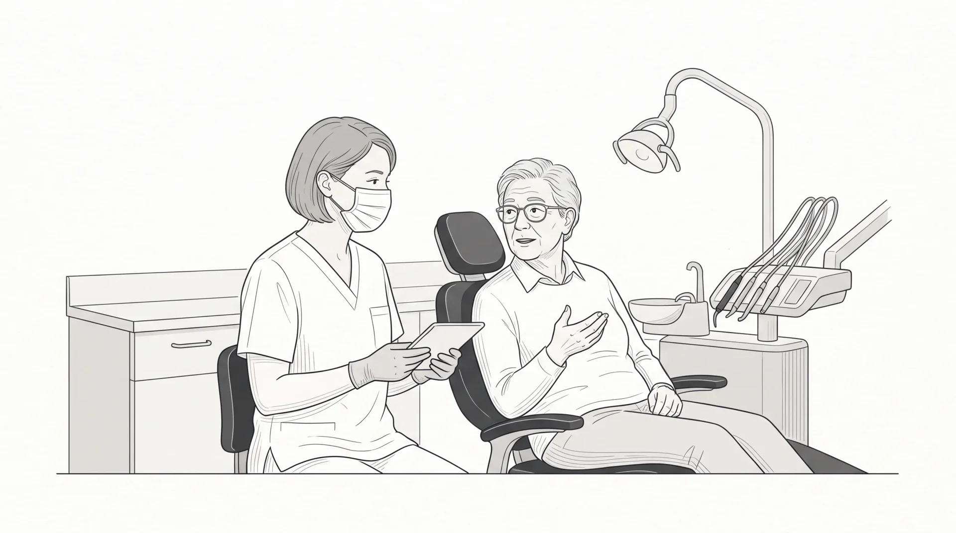 A dentist in proper clinical attire listens to an older adult seated upright in a dental chair during a calm discussion about their dental care.
