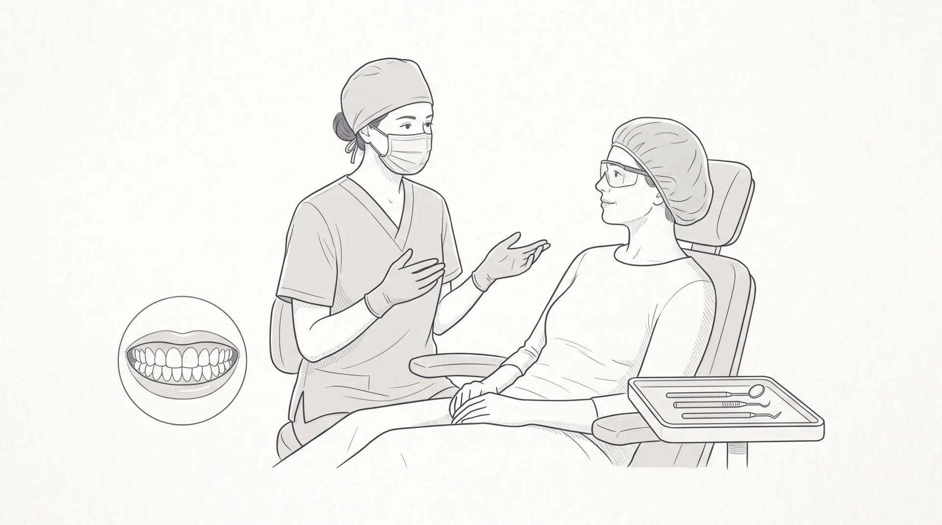 A dentist in proper clinical attire speaks calmly with a seated adult patient beside a tray, with a small inset showing healthy teeth and gums.
