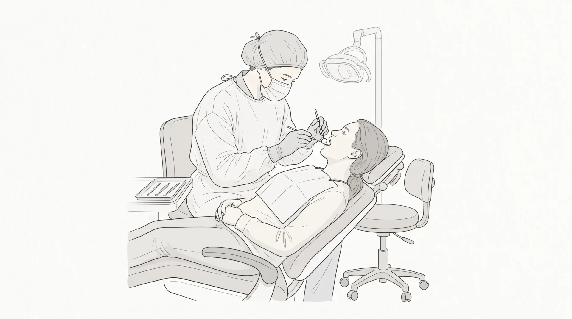A dentist in proper protective gear examines an adult patient in a dental chair with a small mirror and nearby instrument tray.