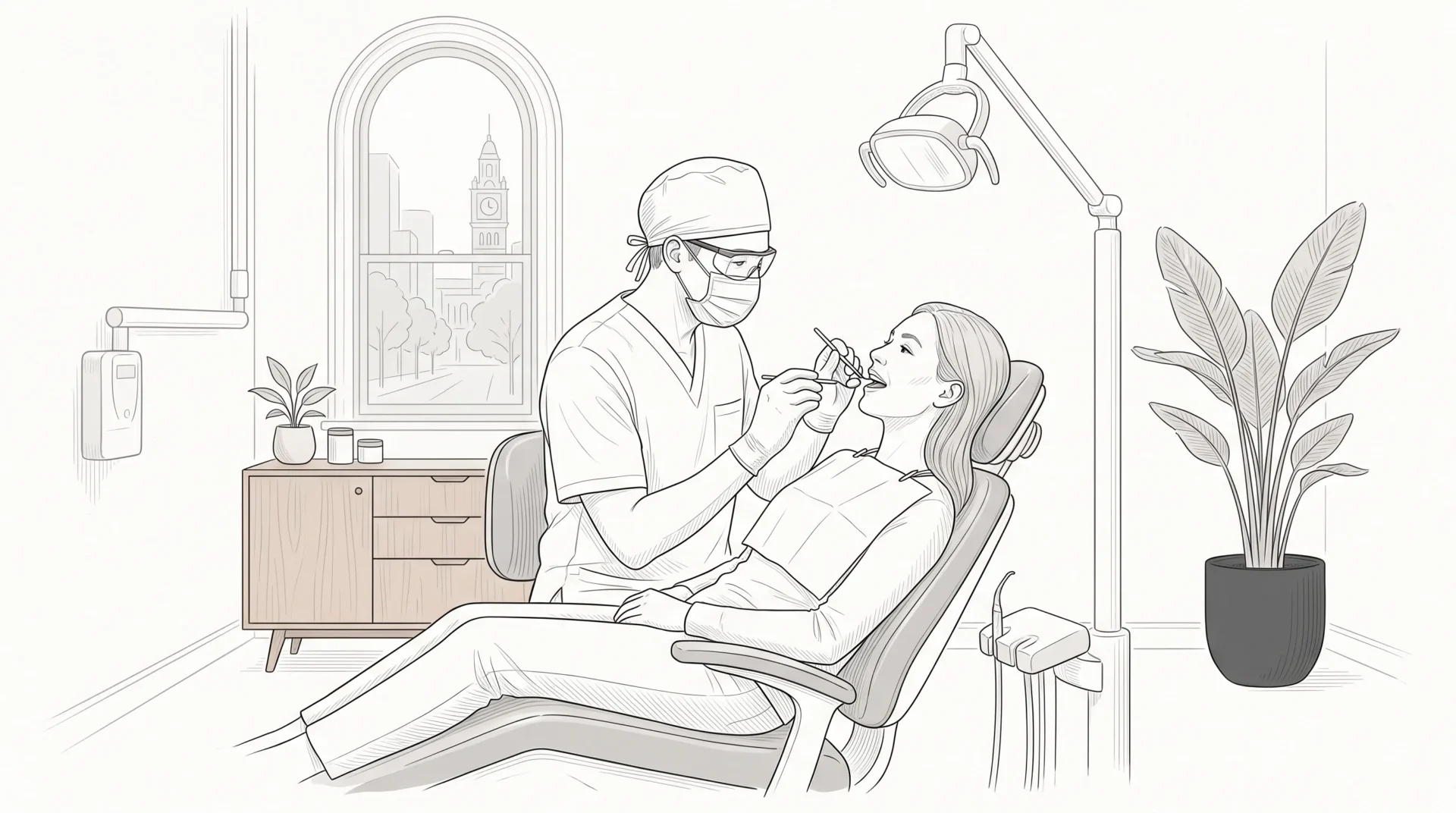 A dentist in scrubs, mask, gloves and protective eyewear examines an adult patient’s teeth with a mirror in a welcoming Melbourne clinic.