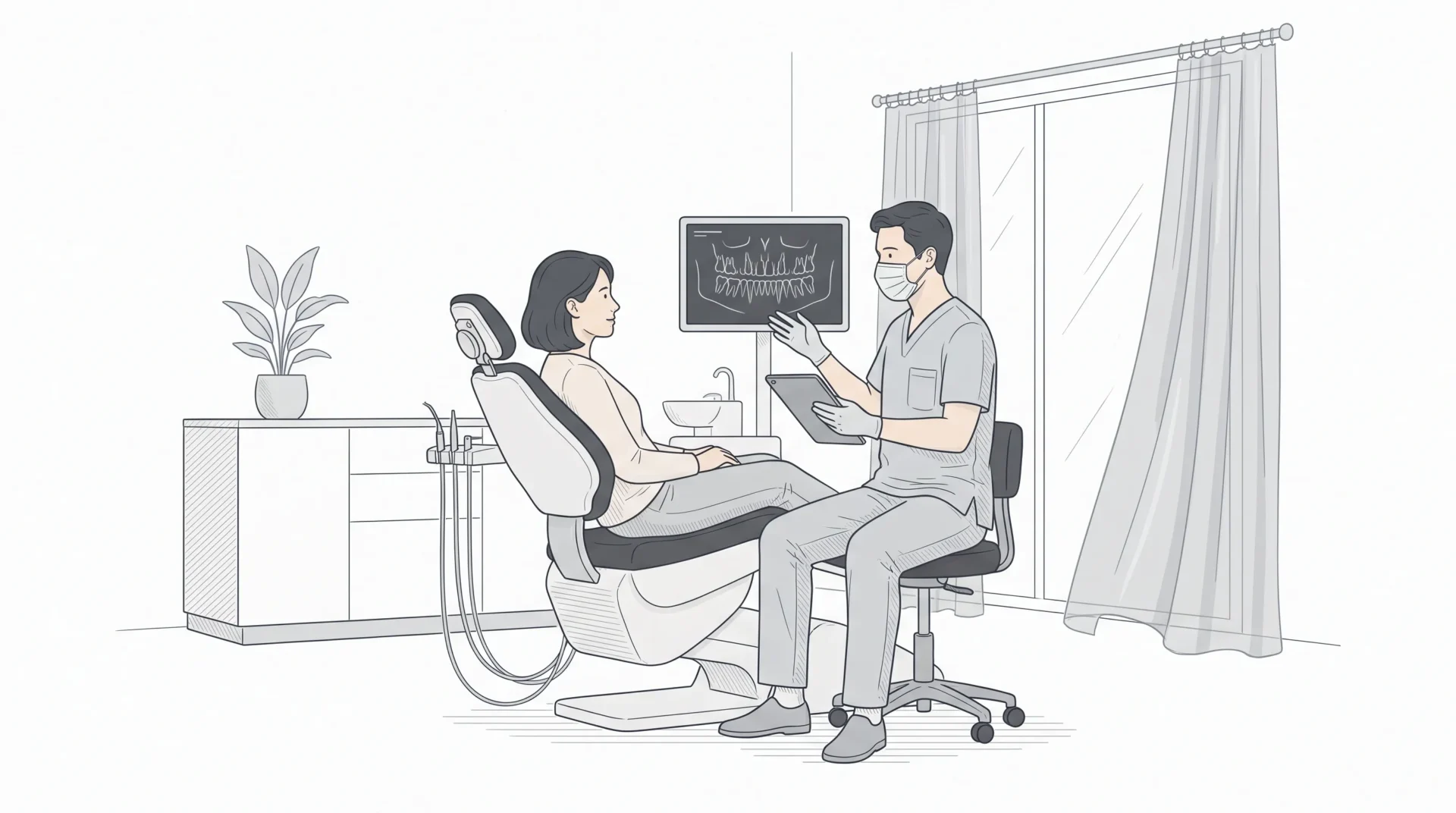 A dentist sits beside an adult patient while discussing a routine check-up in a consultation room.