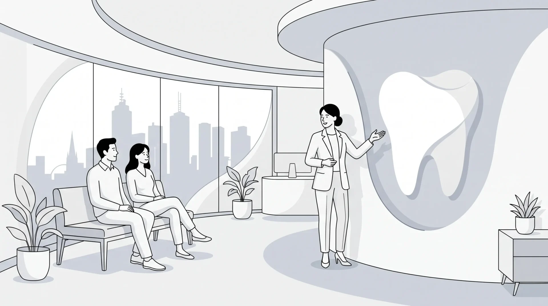 A dentist speaks with two adult family members beside a simple tooth form and subtle curved shapes in a Melbourne CBD clinic.