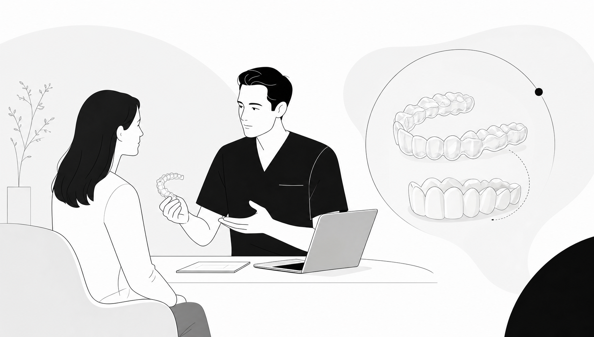 A dentist talks through clear aligner treatment with a patient in a modern dental clinic, with dental models and transparent aligners on a consultation table.