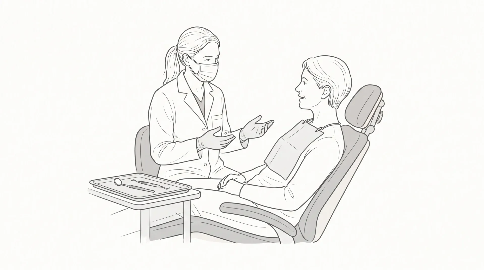 A dentist talks with an adult patient beside a dental chair, with a mirror and scaler resting on a tray.