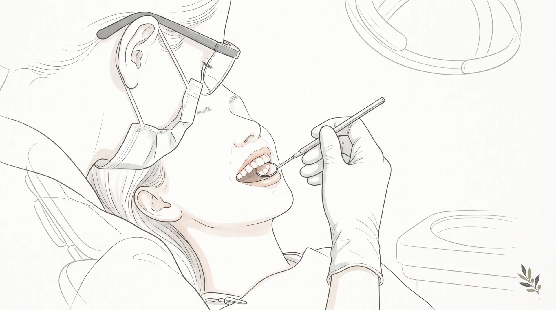 A masked dentist in gloves examines an adult patient’s teeth with a dental mirror during a routine family dental appointment.