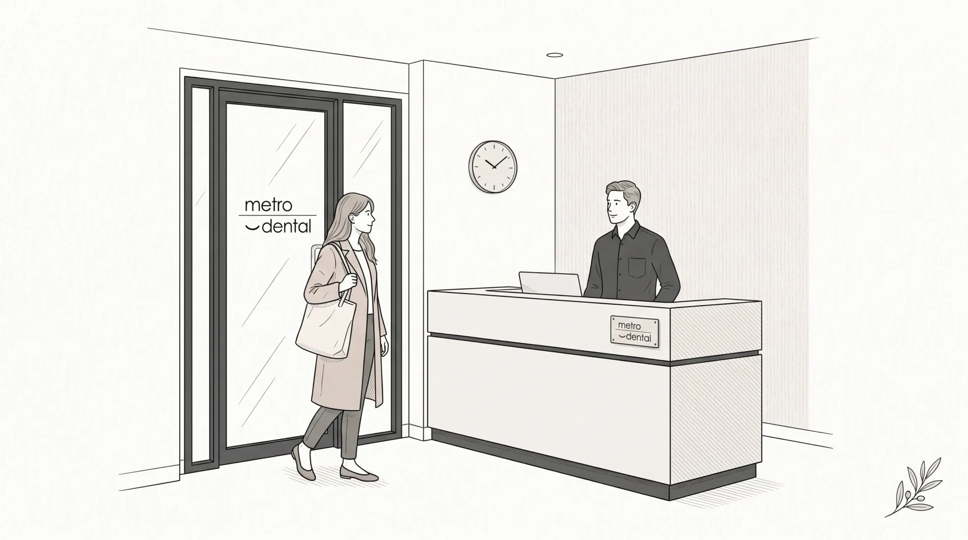 A Melbourne CBD dental reception desk with a receptionist and arriving patient shows a calm moment for booking a dentist appointment around work.