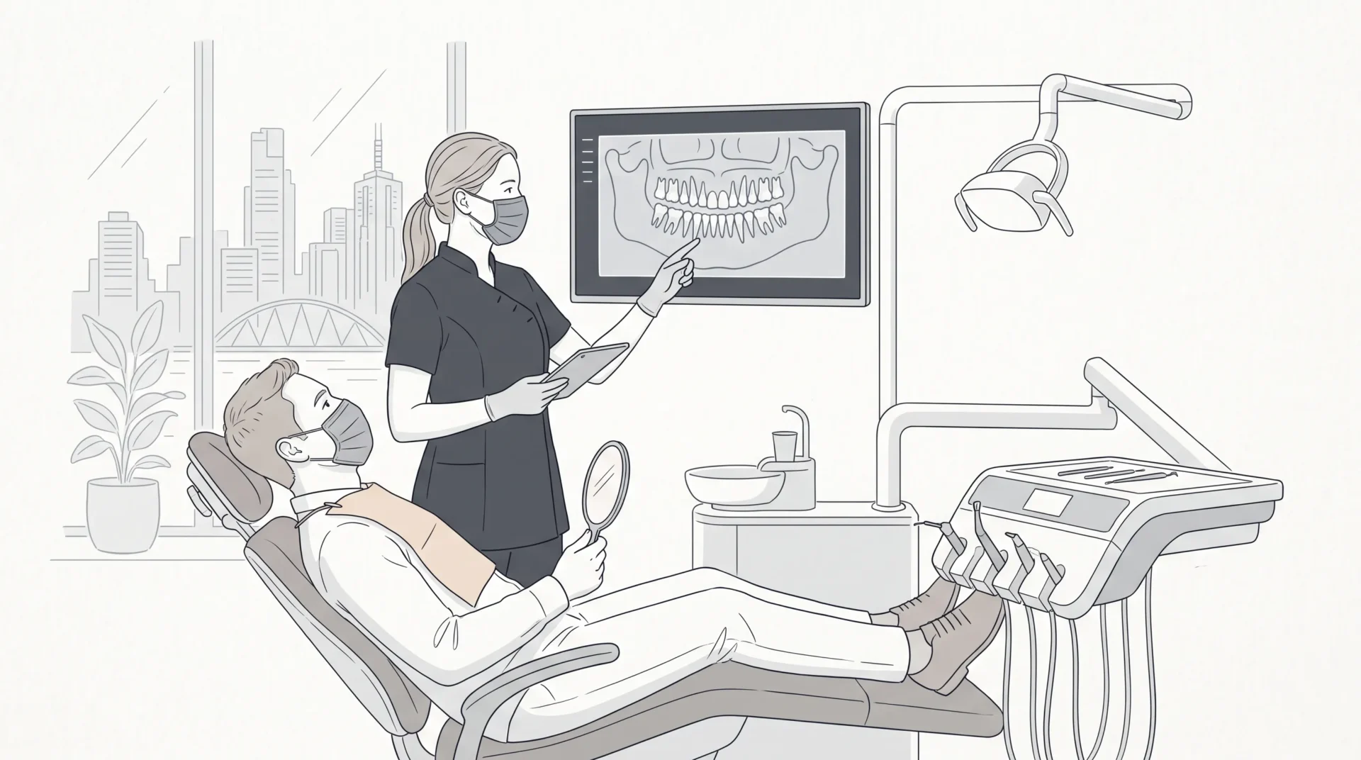 A Melbourne CBD dentist discusses a tooth extraction assessment with a seated patient beside a dental chair.