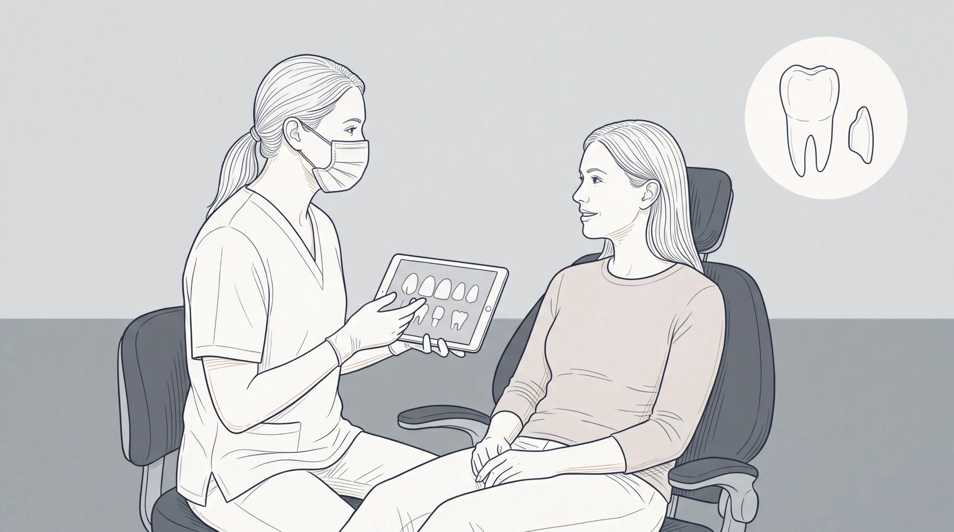 A Melbourne dentist discusses veneer options with an adult patient beside a dental chair, with a small inset showing a front tooth and thin veneer.