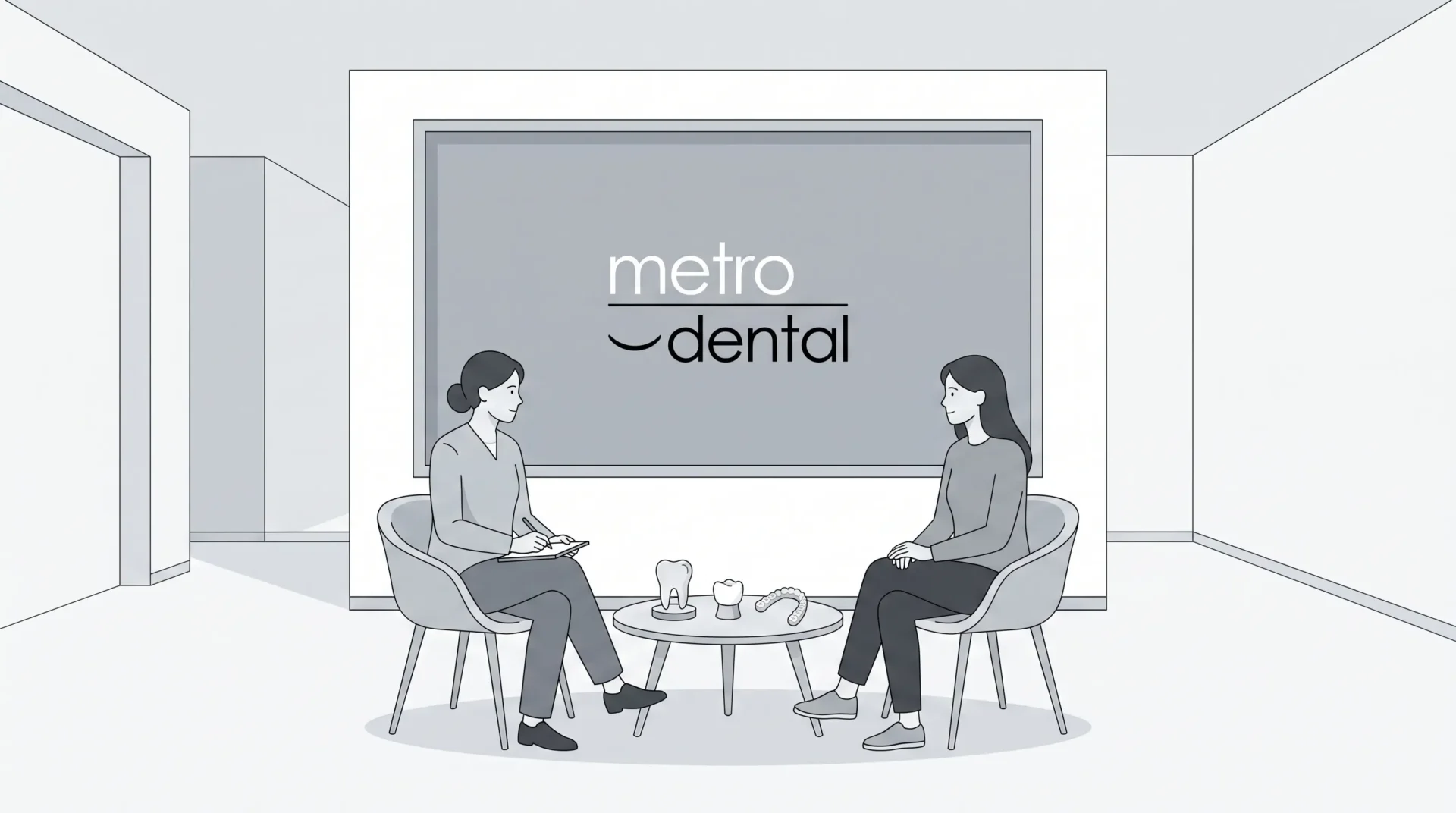 A patient and dentist review oral care, a crown and an aligner in a calm clinic consultation.