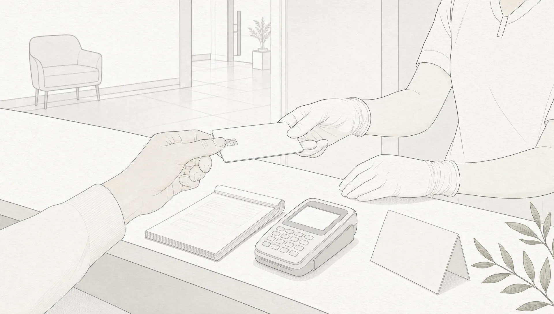 A patient hands a health fund card across a clinic counter beside a payment terminal and receptionist's hands.