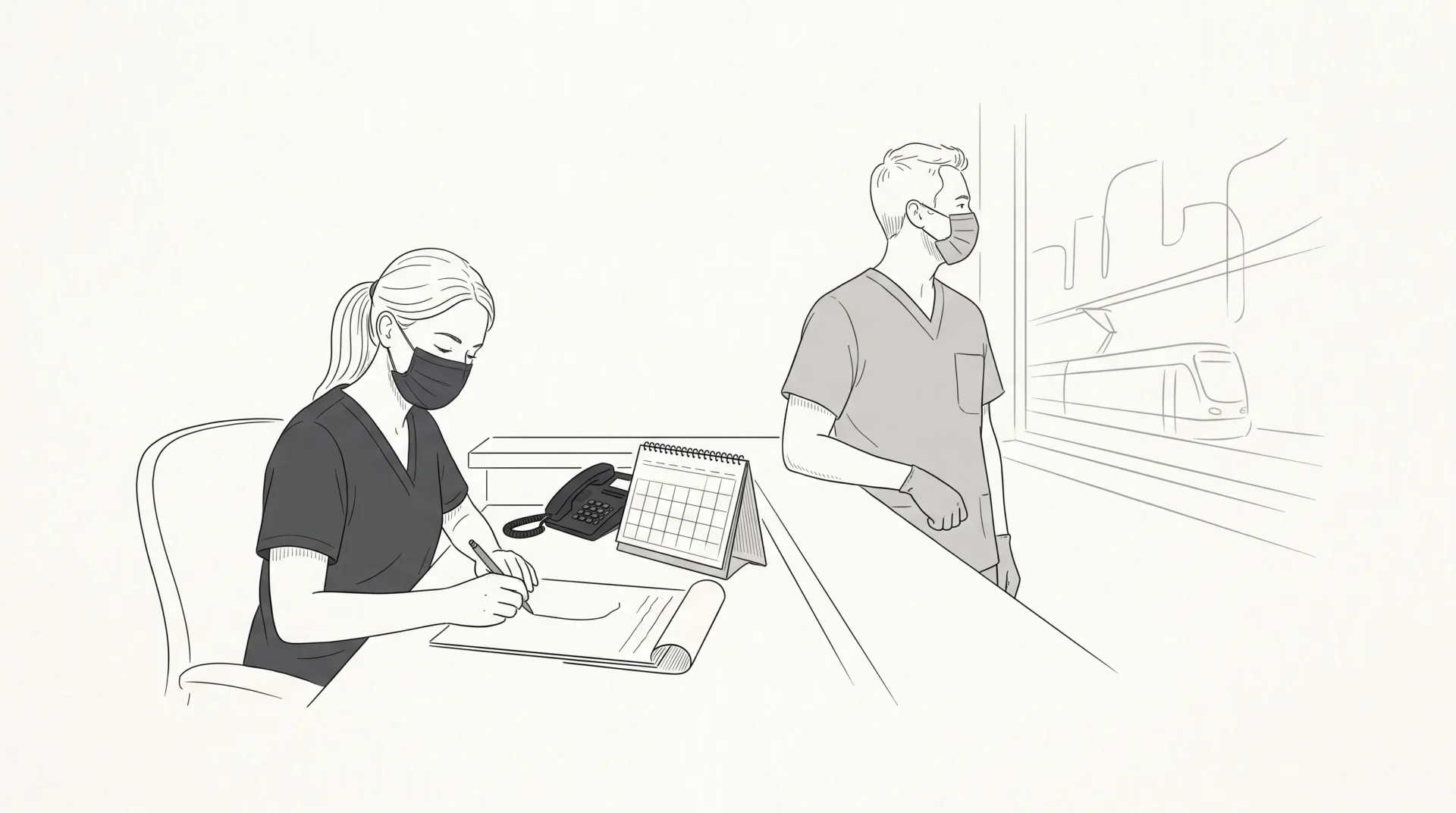 A receptionist writes on a desk calendar beside a phone while a dental professional stands nearby in a clean Melbourne CBD clinic.