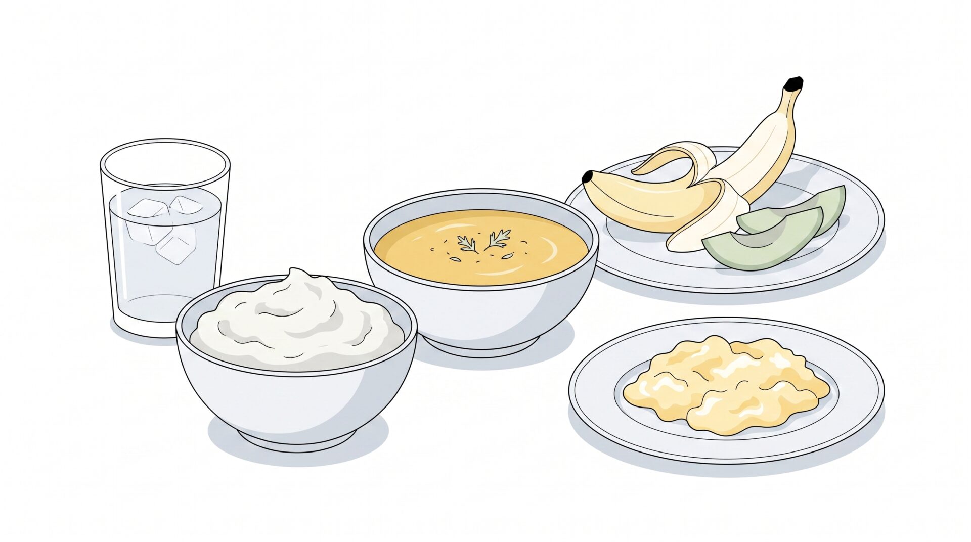 A table set with soft recovery foods including yoghurt, mashed potato, scrambled eggs, soup, banana, avocado, and a glass of water, arranged as gentle meal options after dental treatment.