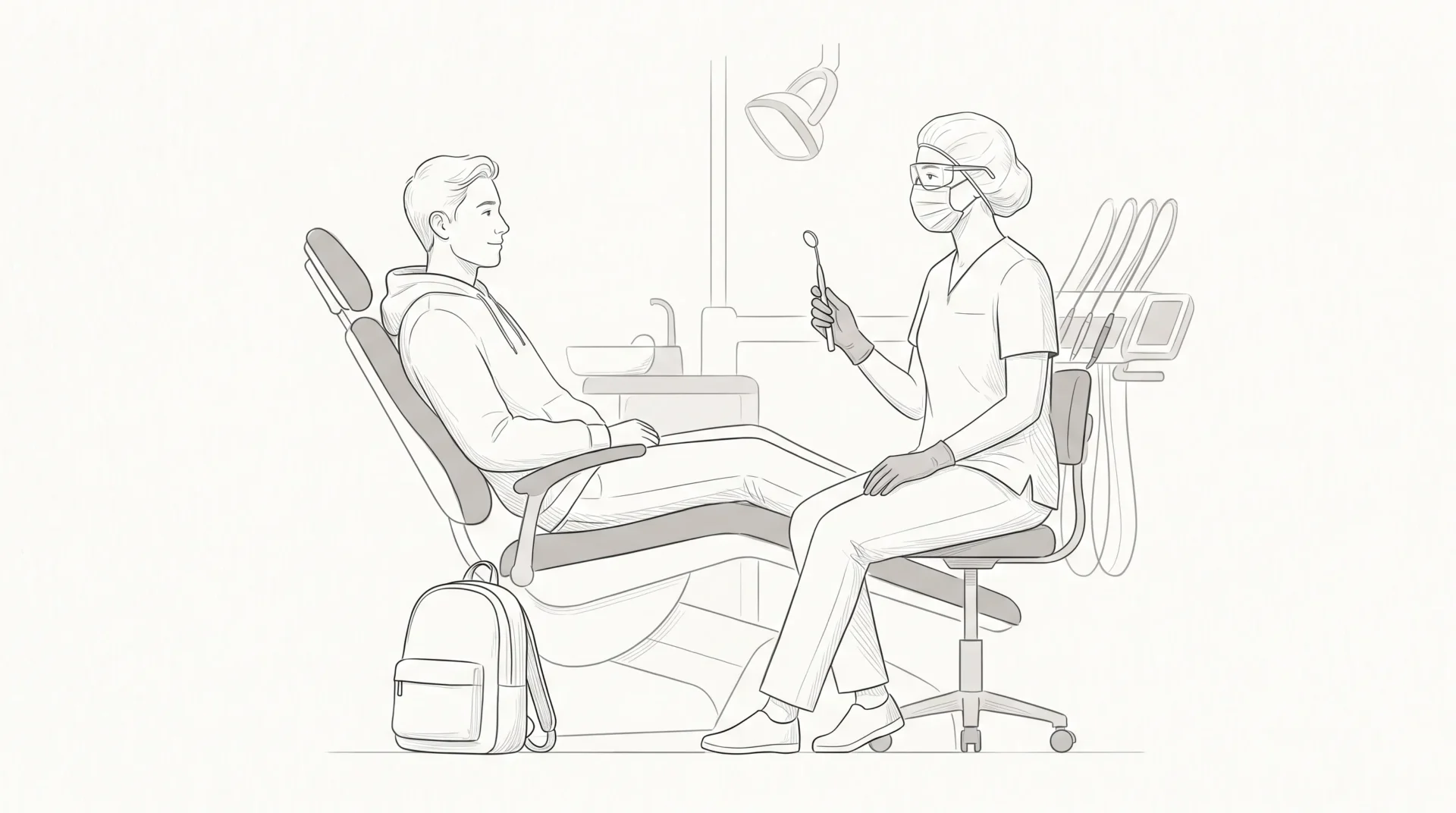 A university student sits in a dental chair while a clinician in proper PPE holds a dental mirror during a calm consultation.