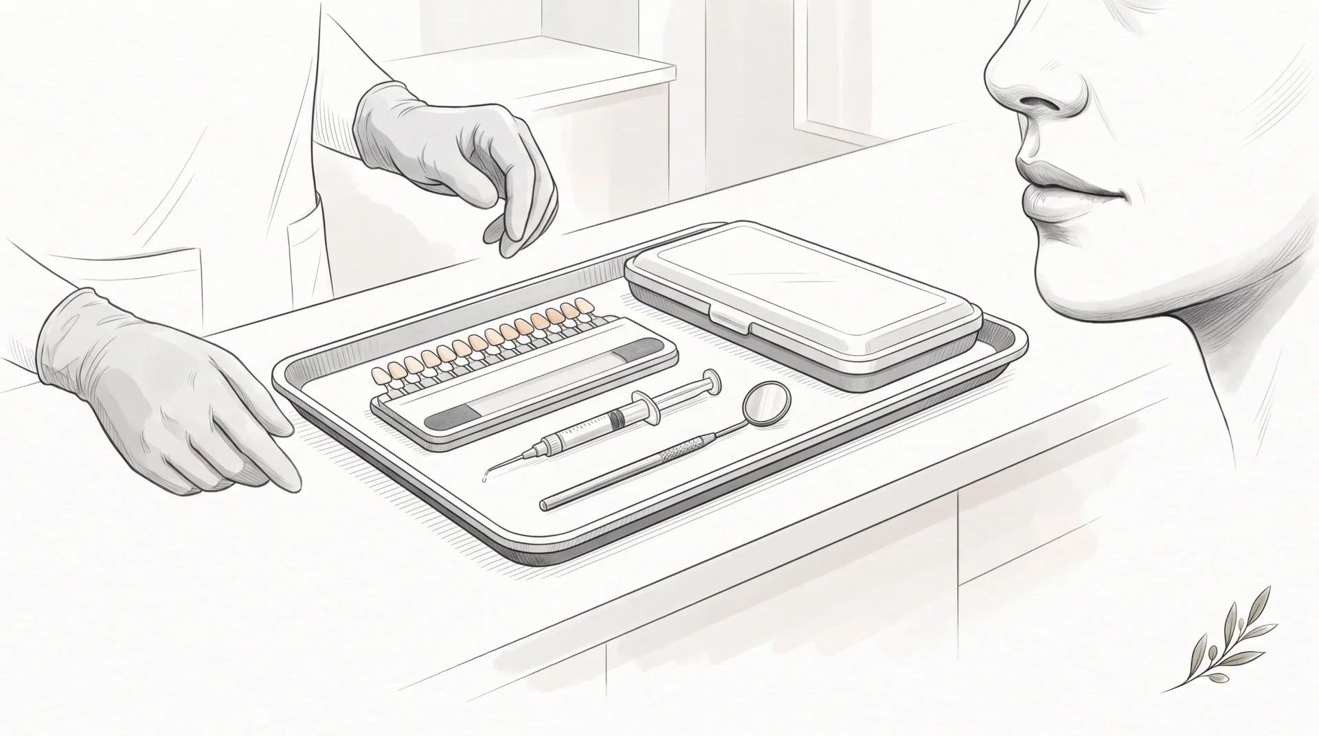 A whitening tray, shade guide and gel syringe sit beside a patient’s mouth in a calm dental clinic.