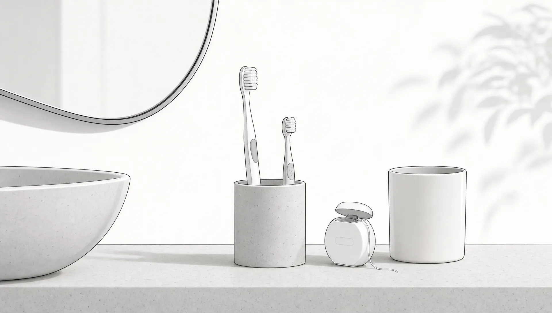 Adult and child toothbrushes sit on a bathroom counter as part of a family oral care routine.