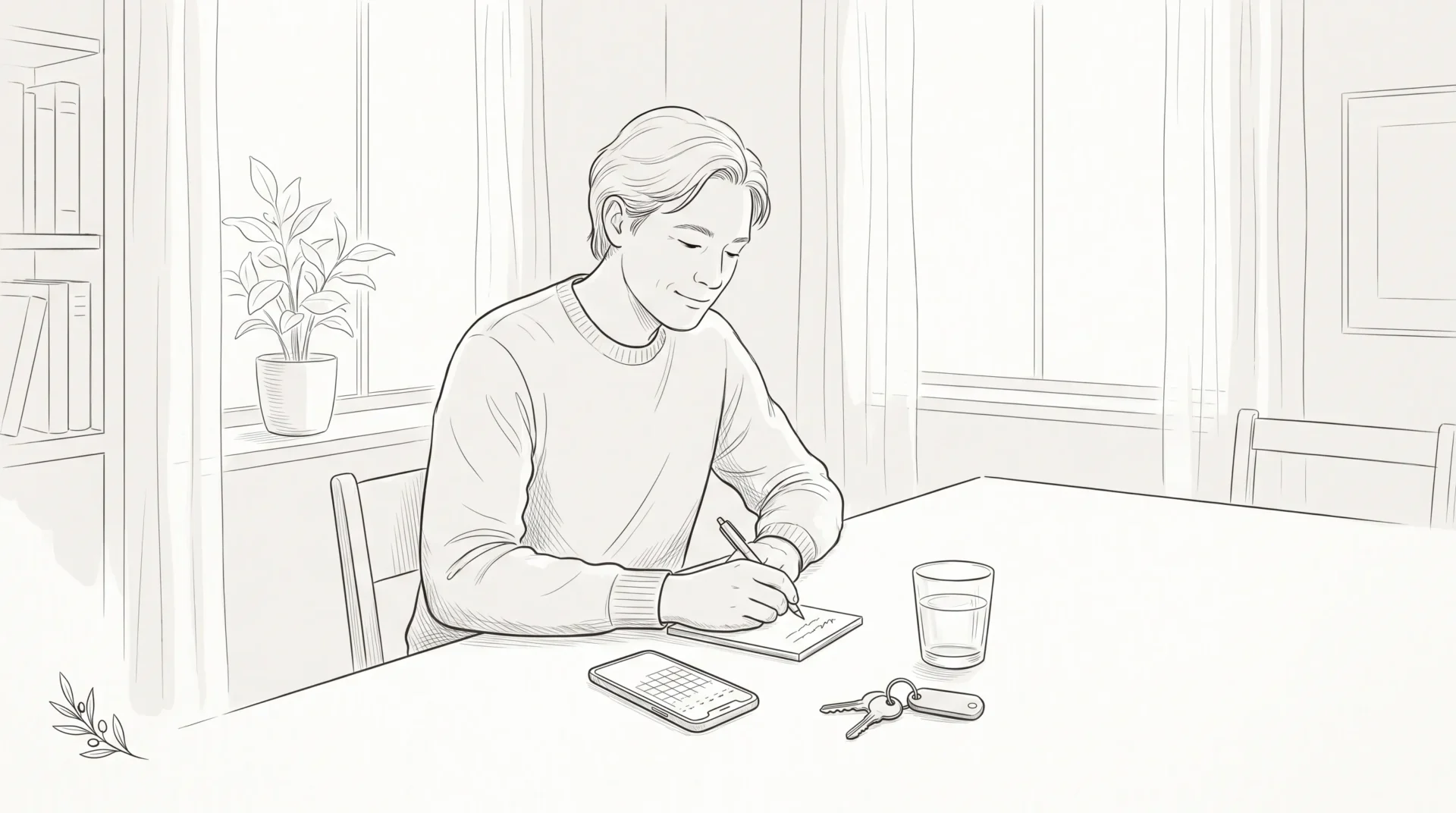 An adult at home gets ready for a dental appointment with notes, keys and a phone on the table.